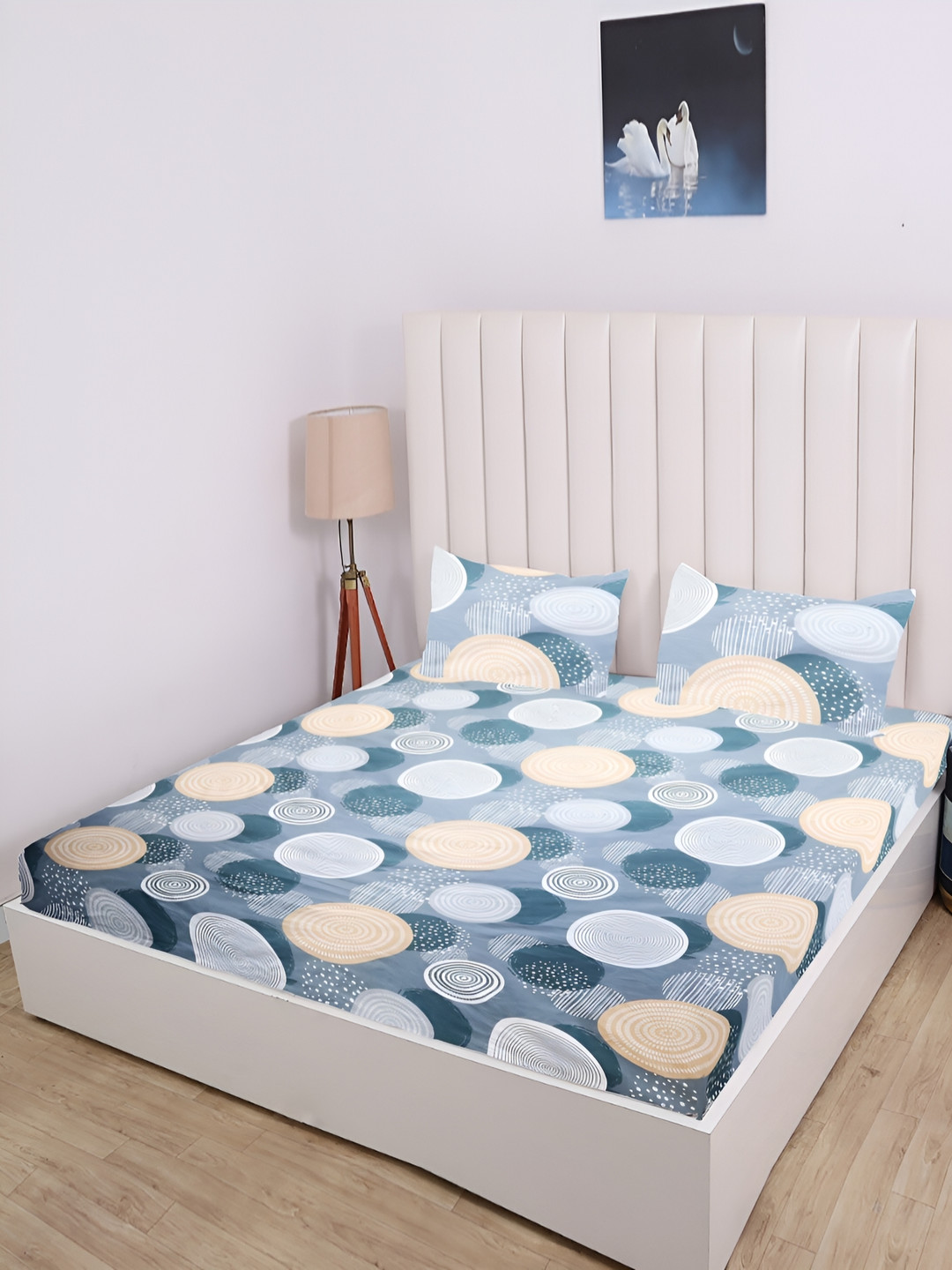 RD TREND Blue Graphic Cotton 210 TC Fitted King Superfine Bedsheet with 2 Pillow Covers-90 x 100 inches