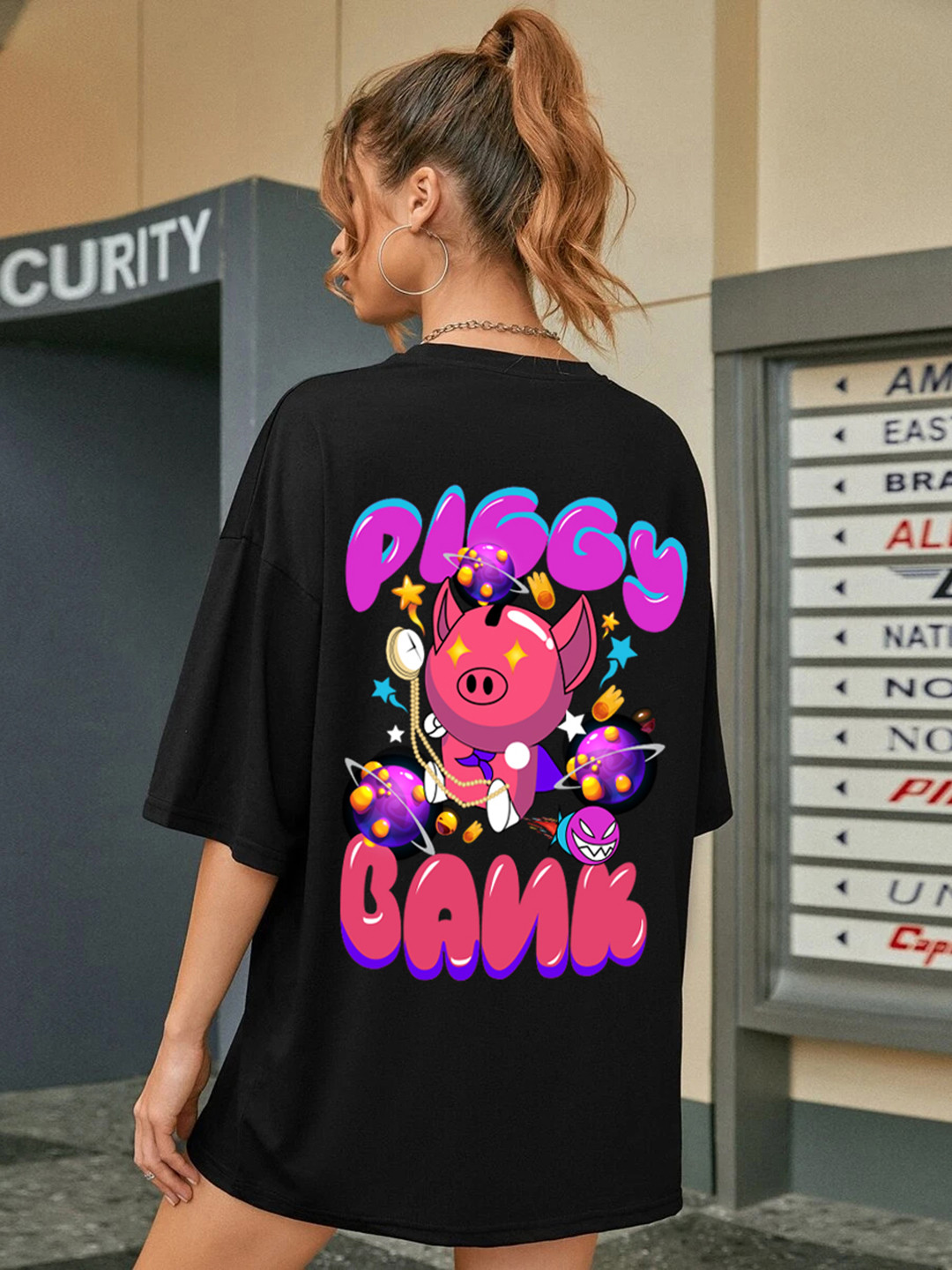 CHKOKKO Piggy Printed Drop-Shoulder Sleeves Cotton Oversized T-shirt