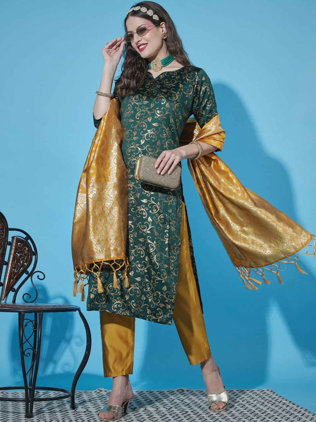 VredeVogel Floral Woven Design Notched Neck Thread Work Kurta with Trousers & Dupatta