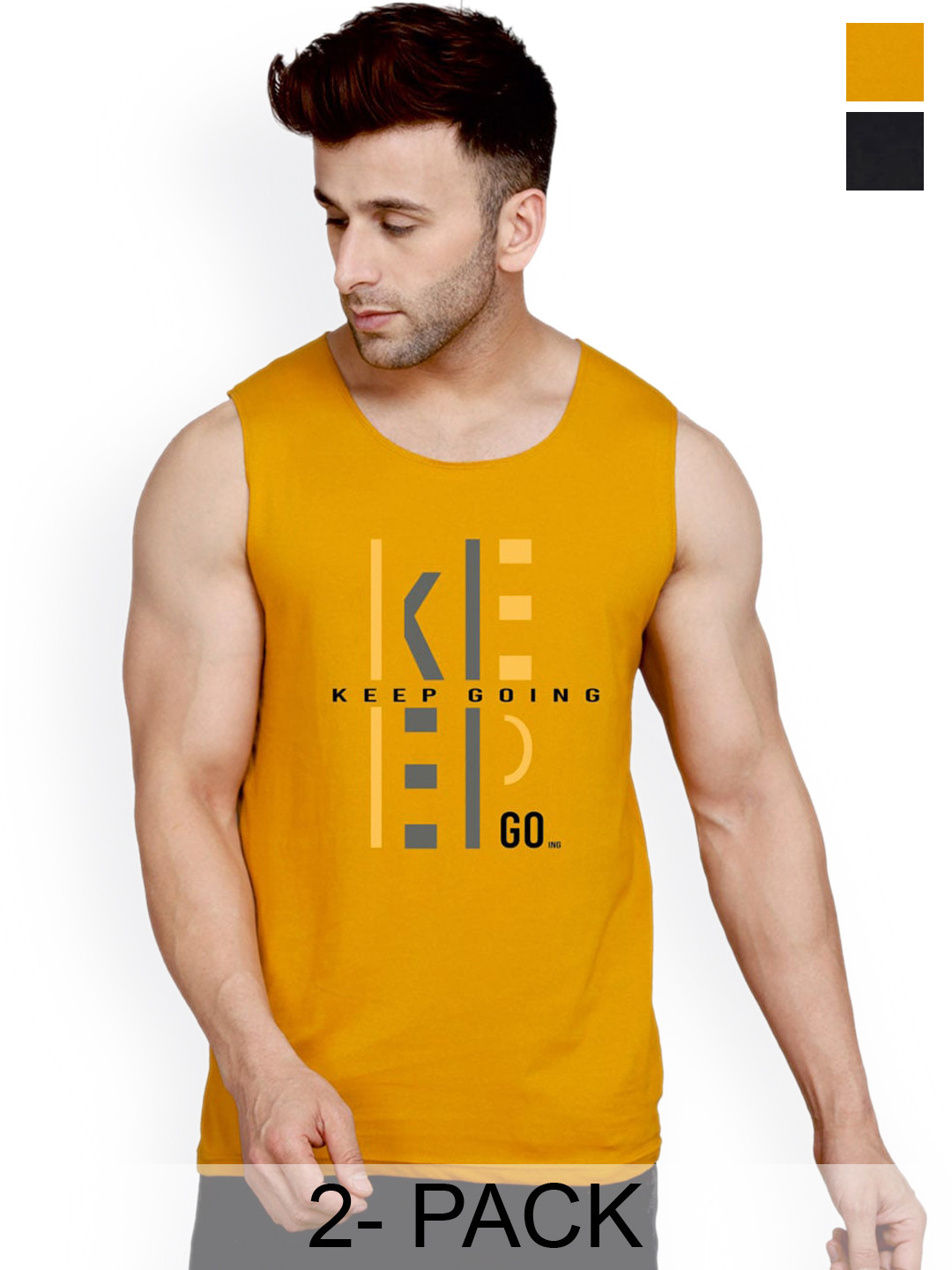 SLOWLORIS Pack Of 2 Printed Bio-Washed Gym Vests SL26 ( MUSTARD KEEP ) ( BLACK NVR )