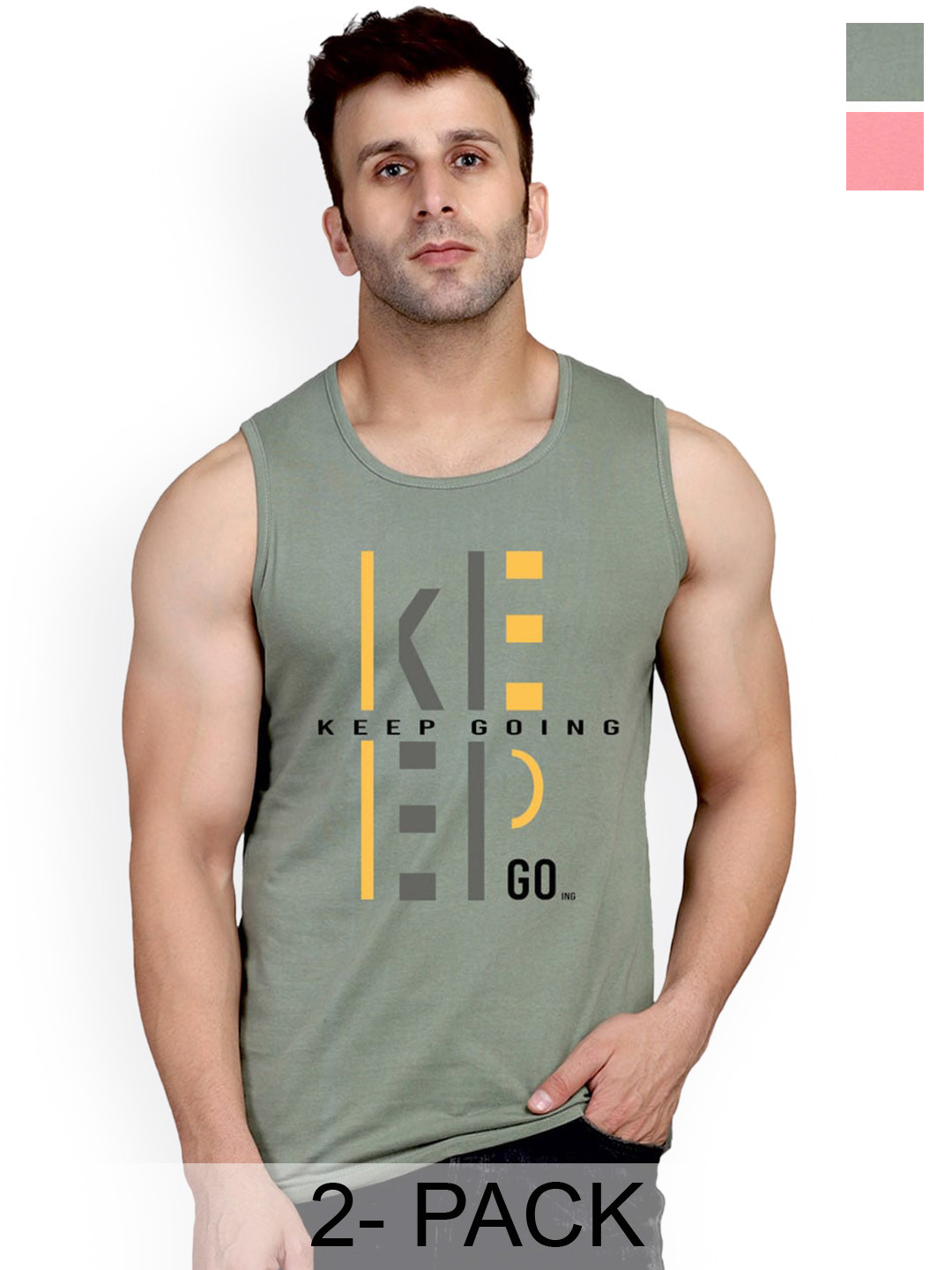 SLOWLORIS Pack Of 2 Cotton Bio-Washed Gym Vests- SL26 ( LGTGREEN KEEP ) ( PEACH NVR )