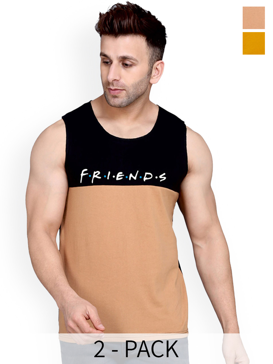 SLOWLORIS Pack Of 2 Printed Cotton Gym Vests SL26 ( MUSTARD KEEP ) ( BLACKRUST FRD )