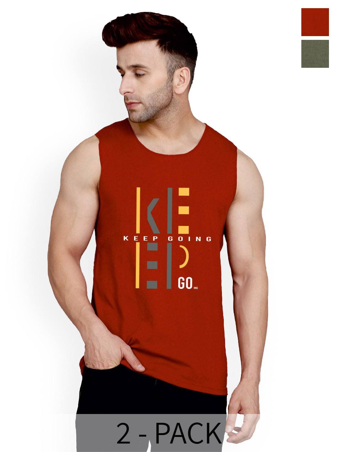 SLOWLORIS Pack Of 2 Printed Bio-Washed Gym Vests SL26 ( MAROON KEEP ) ( OLIVE NVR )