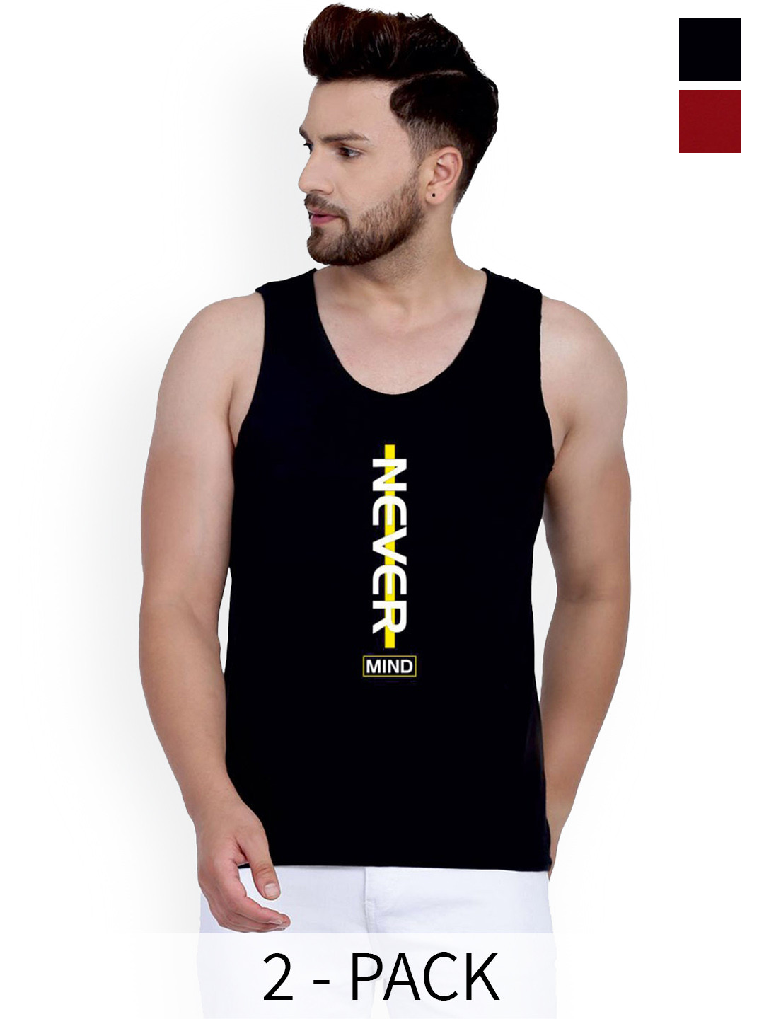 SLOWLORIS Pack Of 2 Printed Basic Innerwear Vest SL26 ( MAROON KEEP ) ( BLACK NVR )-BLACK