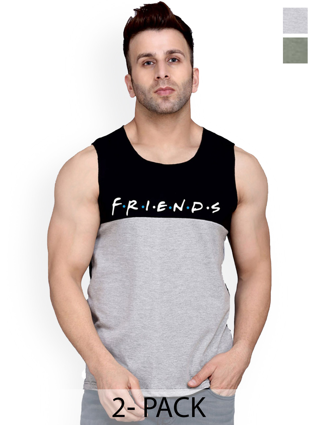 SLOWLORIS Pack Of 2 Gym Innerwear Vests SL26 ( LGTGREEN KEEP ) ( BLACKGREY FRD )