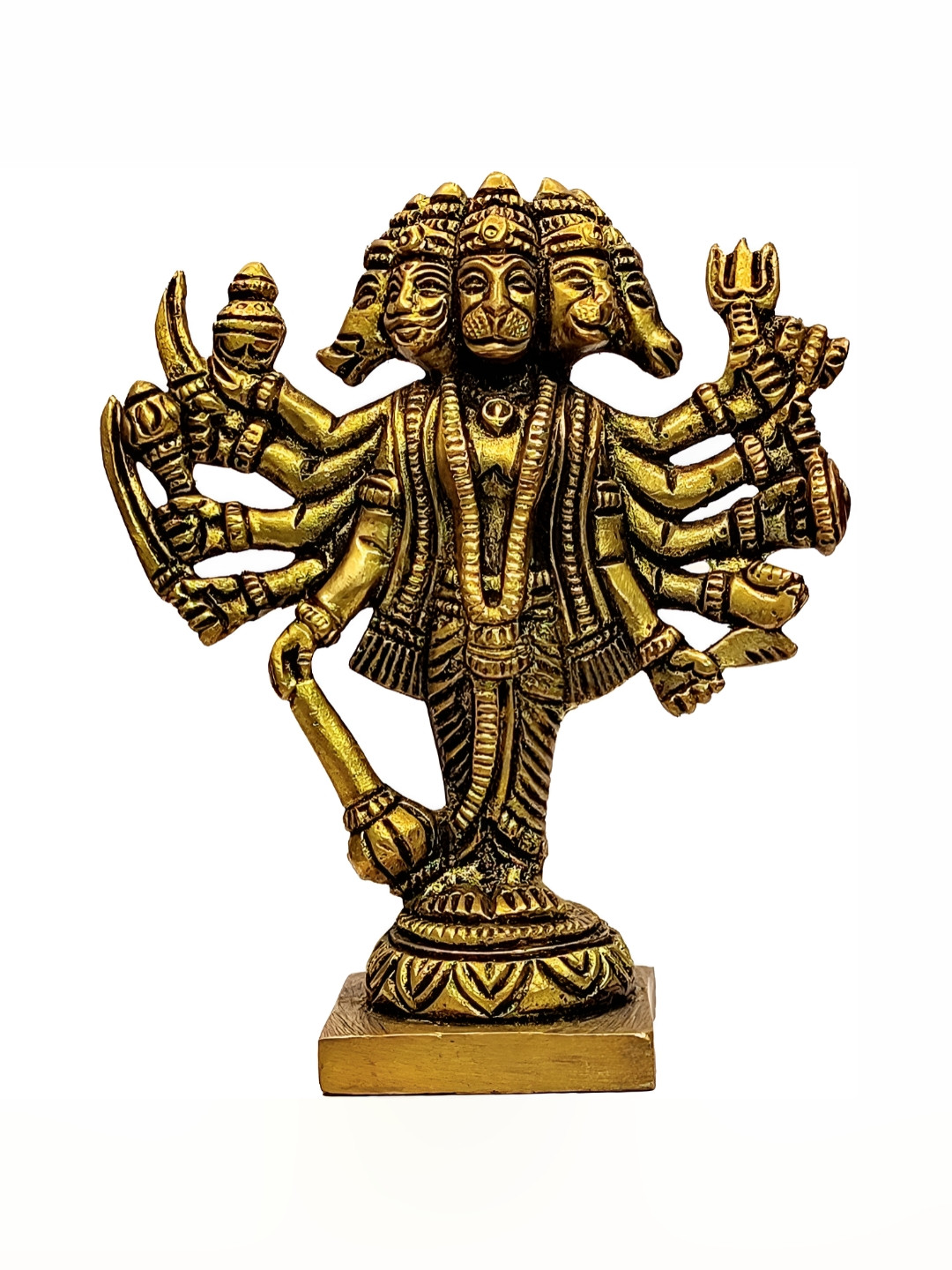 Navyaksh Panchamukhi Hanumanstanding Gold Brass Metallic Prayer Room Small Showpiece - 1.4 Inches