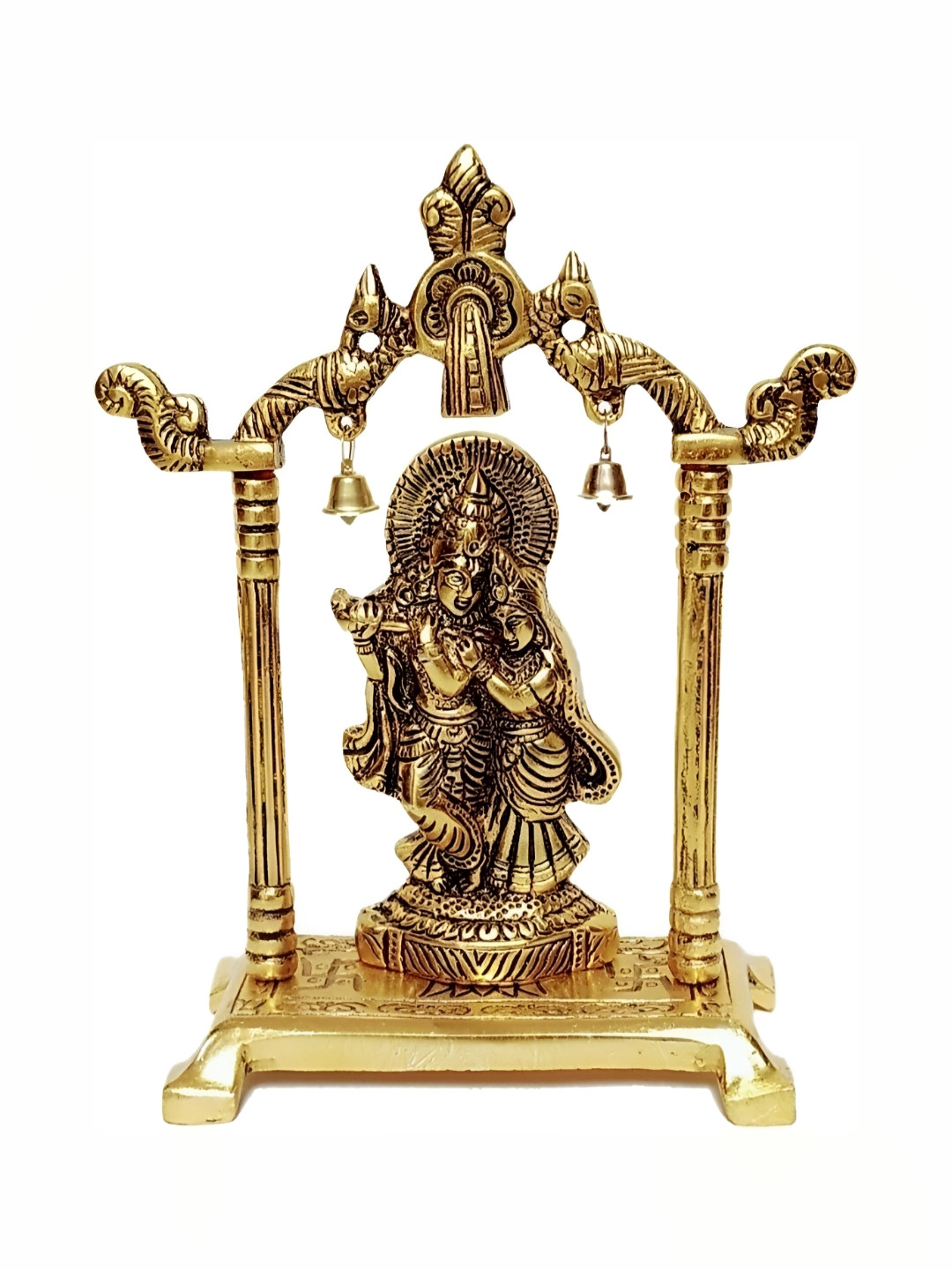 Navyaksh Radha Krishna Temple Gold Brass Metallic Prayer Room Small Showpiece - 7.1 Inches