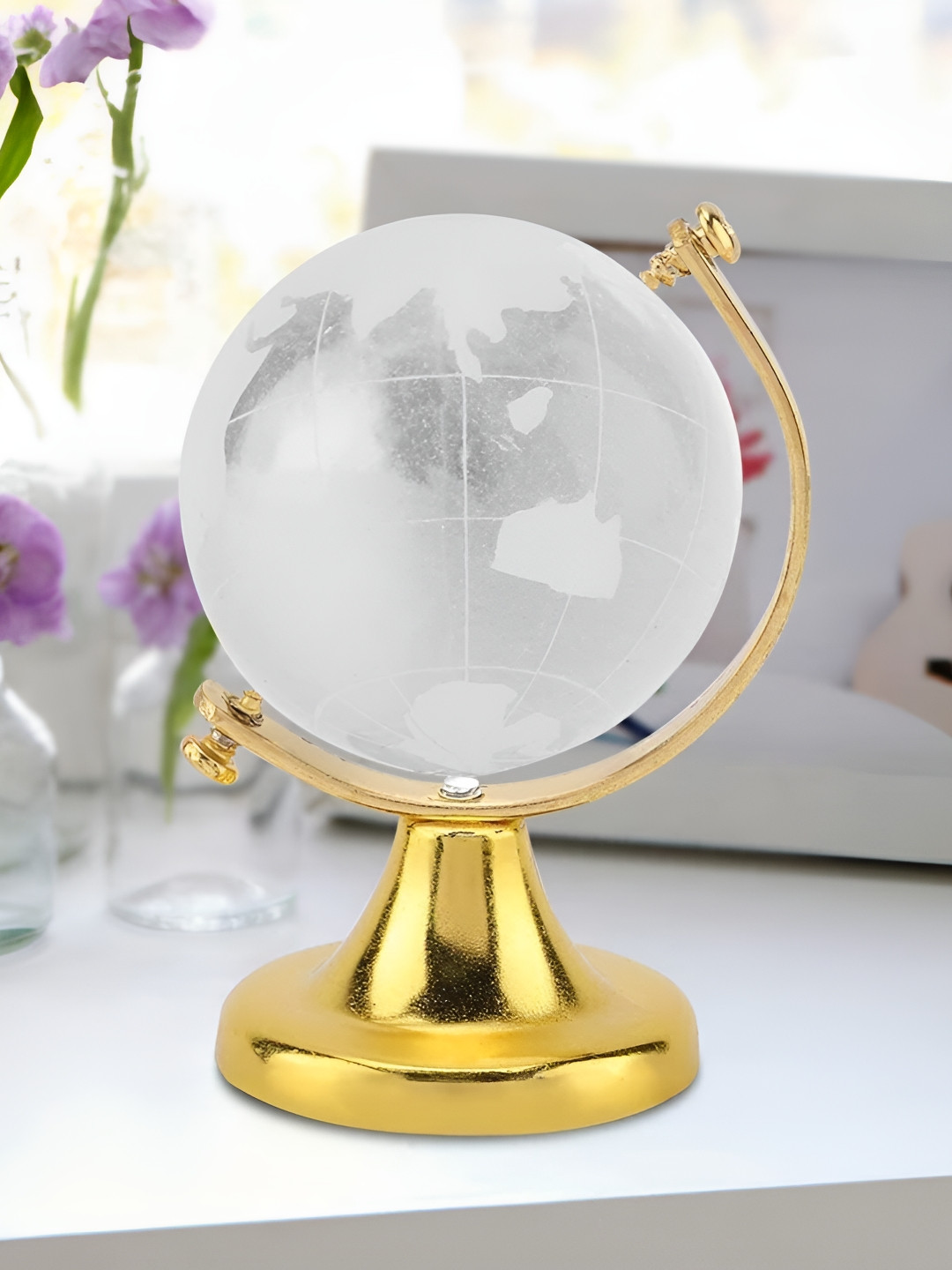 Navyaksh World Globe on Stand White Metal Metallic Living Room Small Showpiece - 2.7 Inches