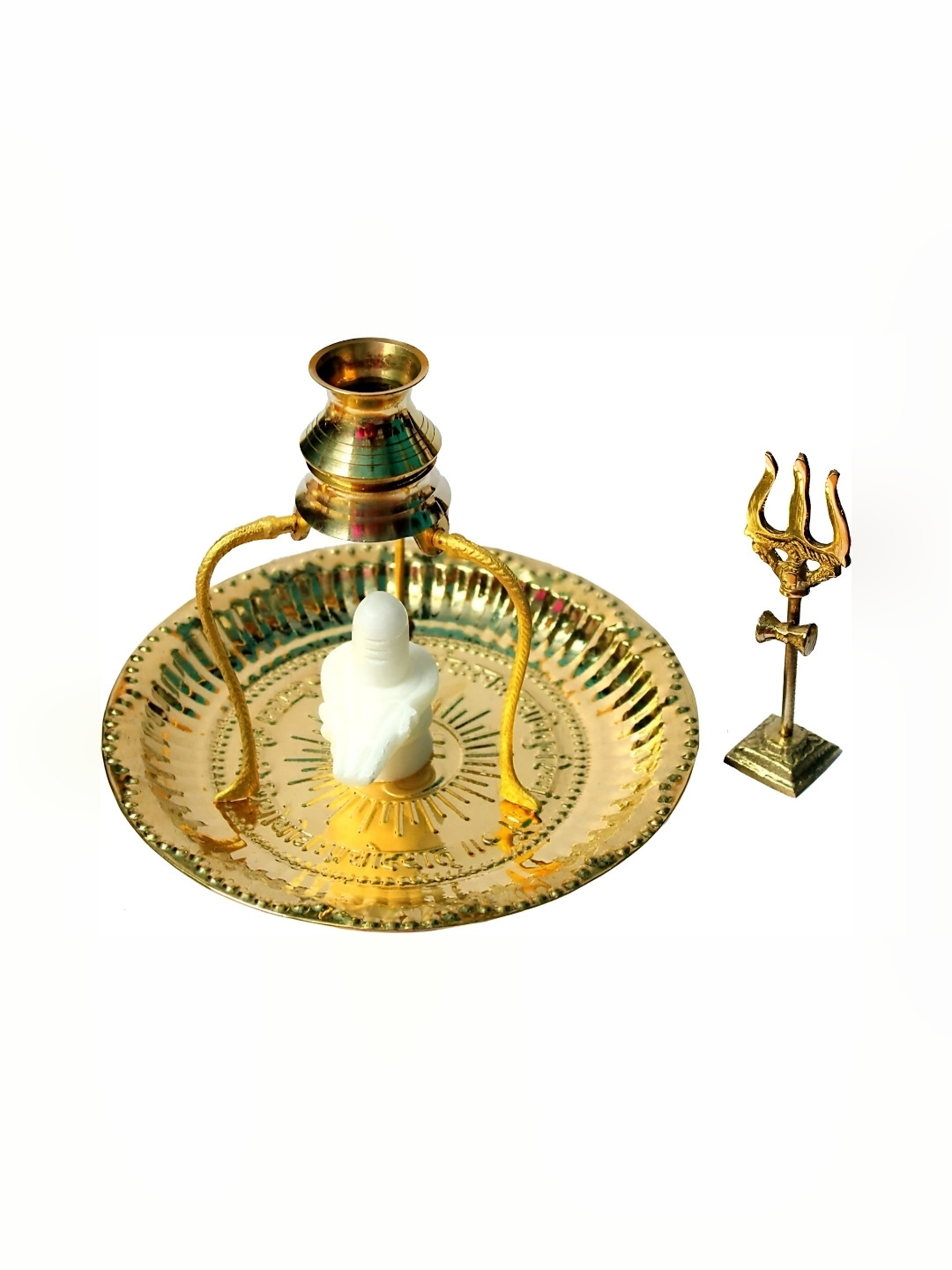 Navyaksh Plate Tipahe Loti White Shivling Trishul Gold Brass Metallic Prayer Room Set of 4 Small Showpieces - 4.7 Inches