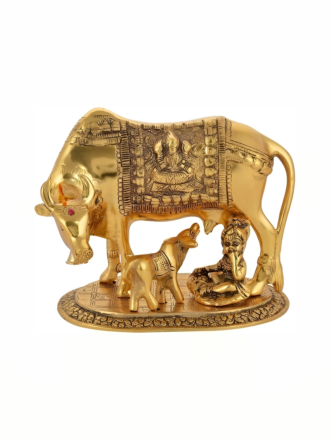 Navyaksh Cow Bachra-Krishan Ji Gold Metal Metallic Study Room Small Showpiece - 3.9 Inches
