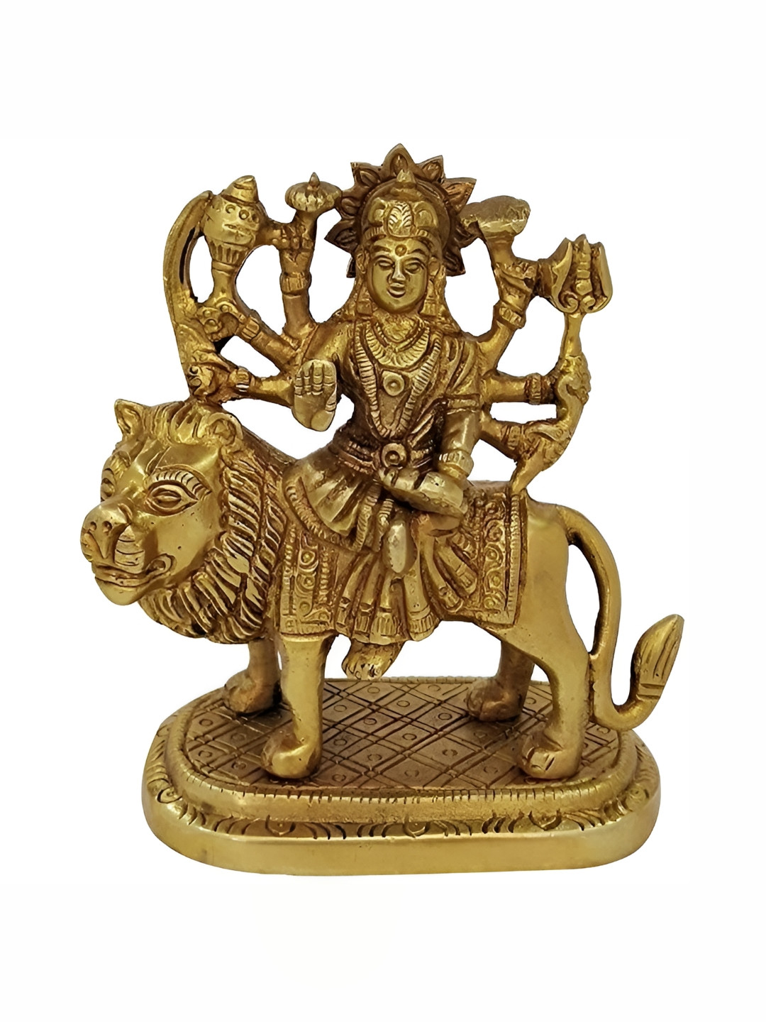Navyaksh Peetal Durga with Base Gold Brass Metallic Prayer Room Tiny Showpiece - 3.5 Inches