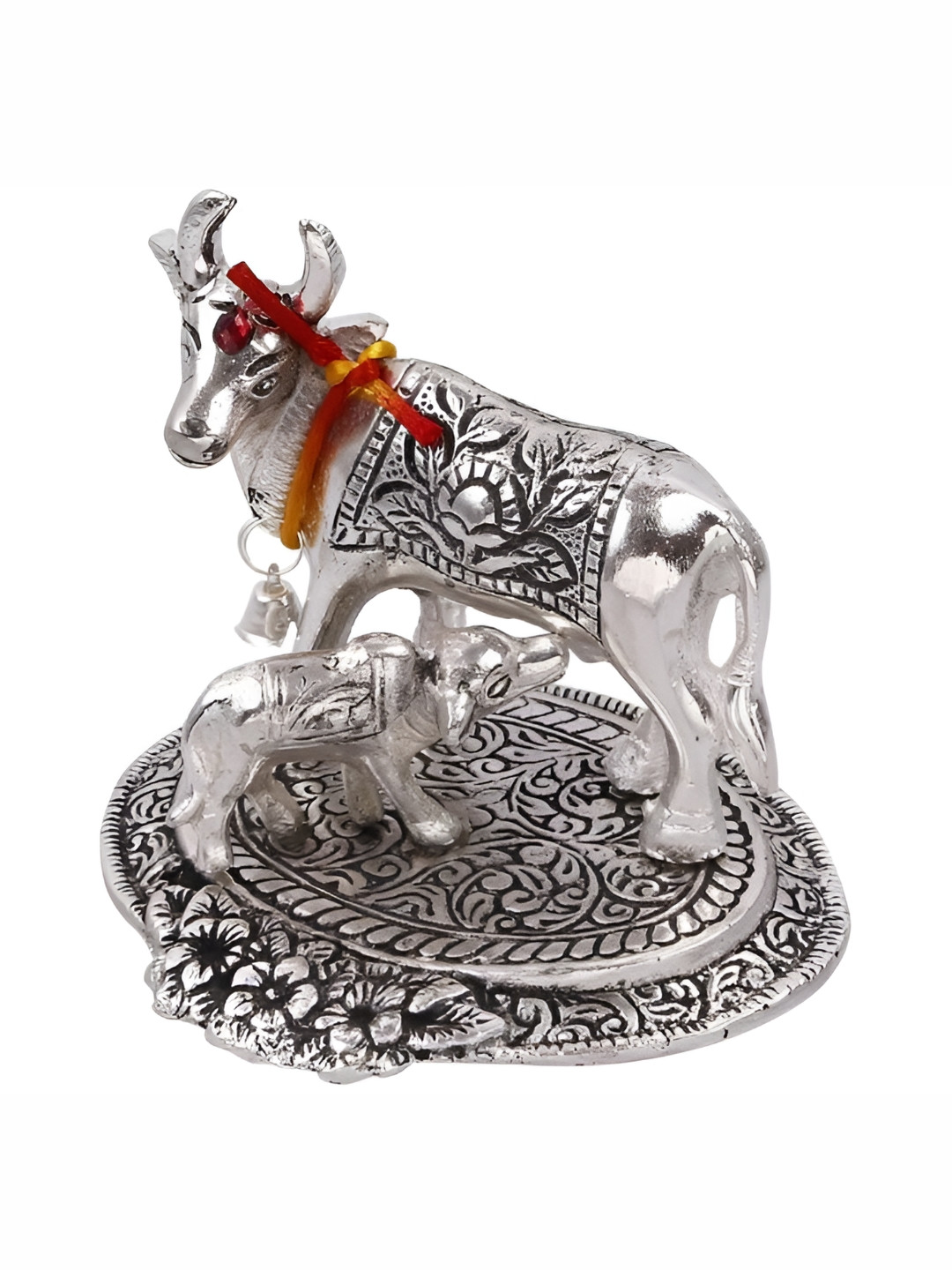 Navyaksh Cow Bachda Silver Aluminium Metallic Prayer Room Small Showpiece - 5.1 Inches