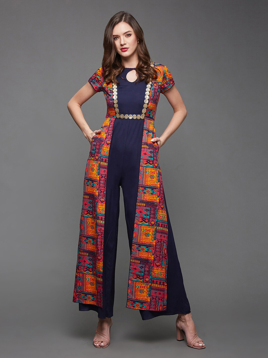 Miss Chase Keyhole-Neck Bohemian Panelled Layered Jumpsuit