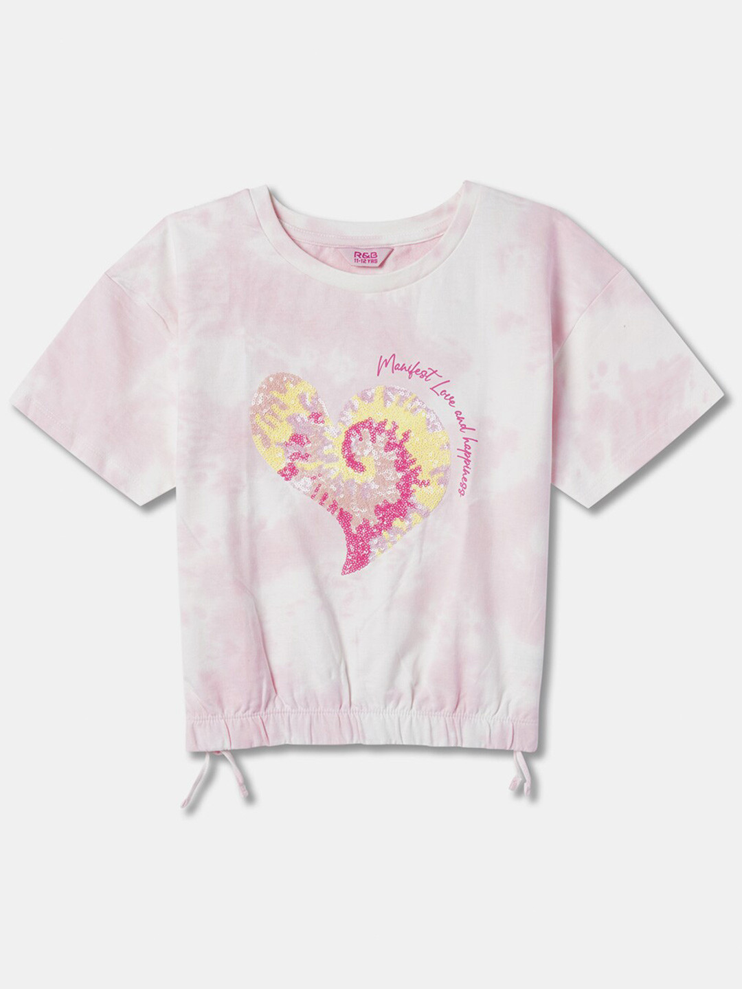 R&B Girls Graphic Self Design Round Neck Sequinned Cotton Top