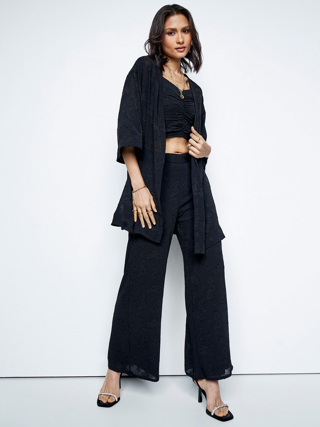 AND Ruched Crop Top With Palazzo & Shrug