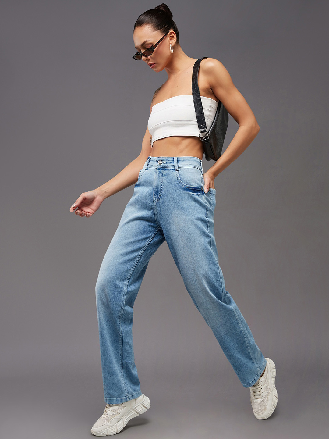 Miss Chase Women Wide Leg High-Rise Light Fade Stretchable Jeans