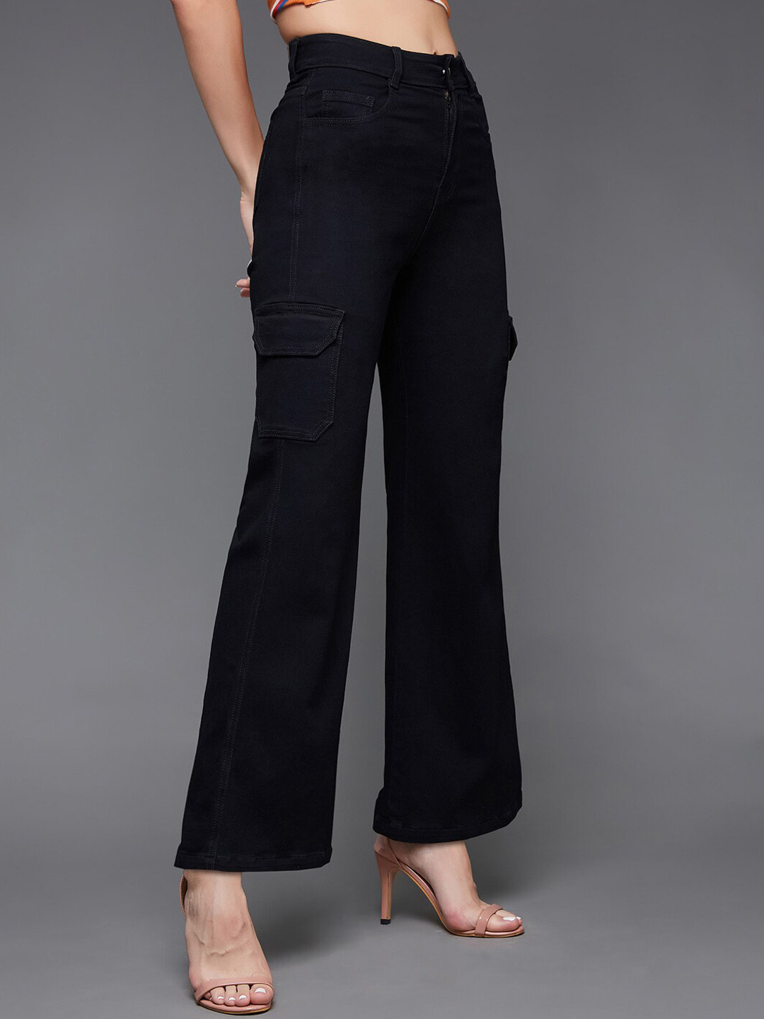 Miss Chase Women Patch Pocketed High Rise Stretchable Regular Wide Leg Denim Jeans