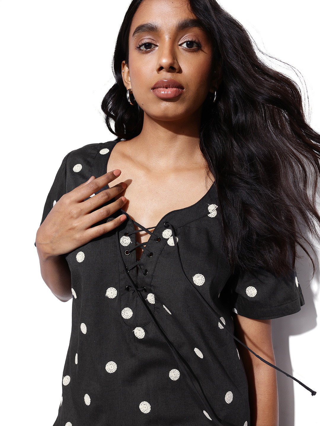 DressBerry Polka Dot Monochrome Lace-Ups Top