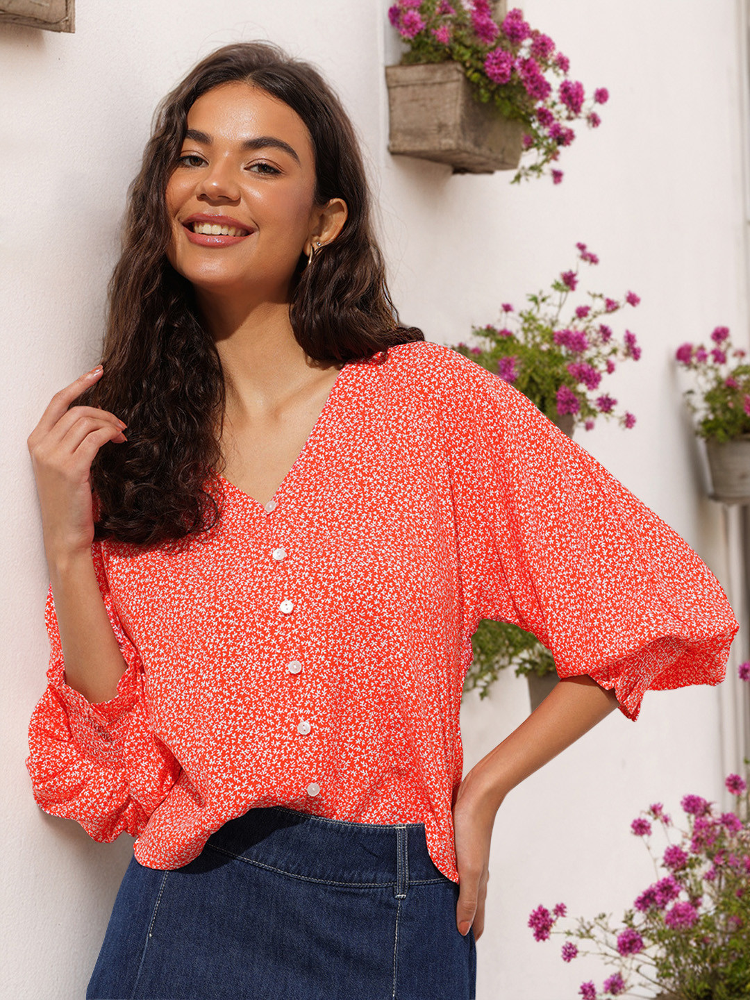 DressBerry Floral Plunge Neck Bishop Sleeve Top