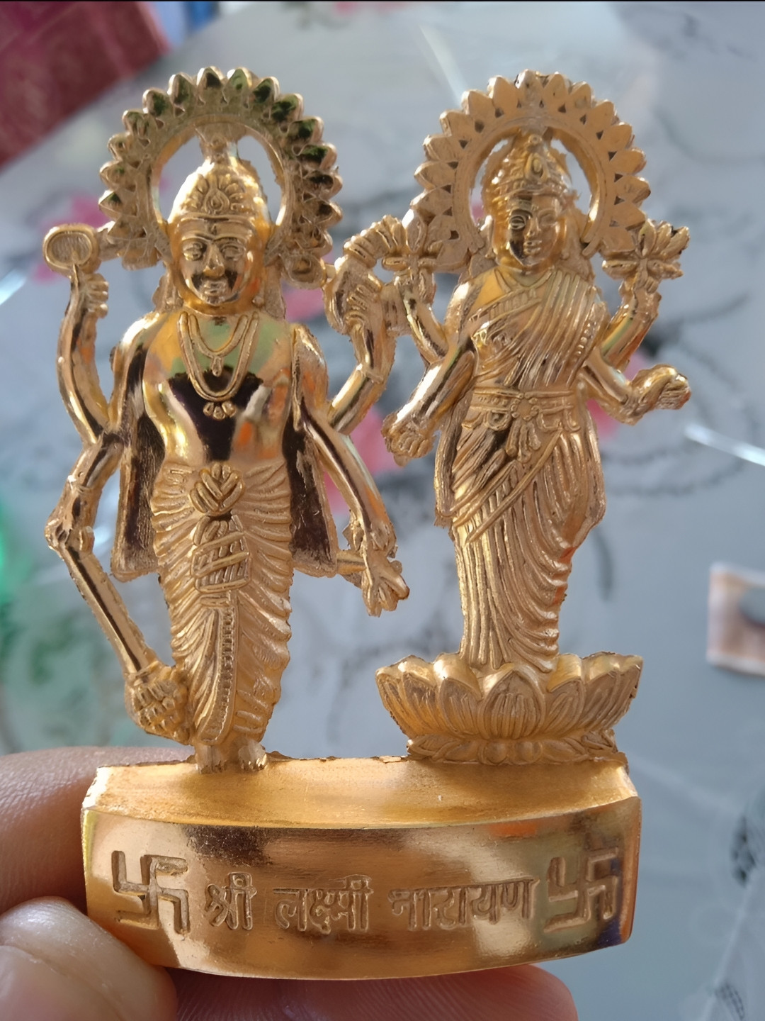 Navyaksh Standing Vishnu Laxmi Gold Brass Metallic Living Room Small Showpiece - 2.8 Inches