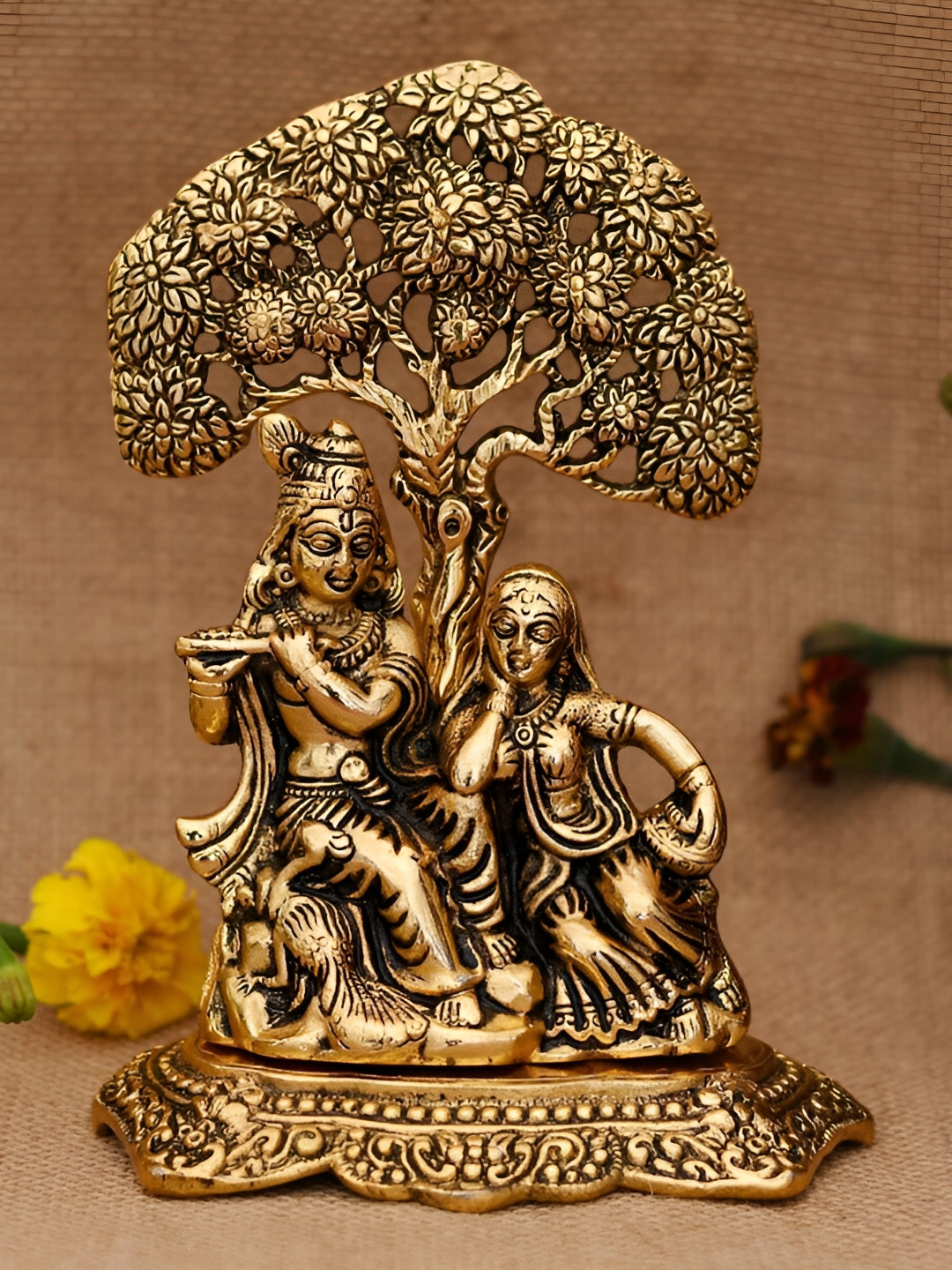 Navyaksh Radha Krishan Under Tree Gold Aluminium Metallic Prayer Room Small Showpiece - 7.1 Inches