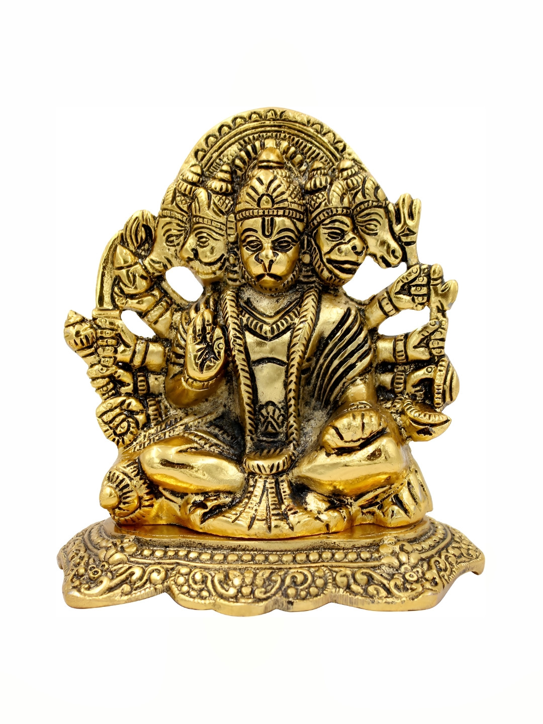 Navyaksh Panchmukhi Hanuman Gold Metal Metallic Prayer Room Small Showpiece - 5.5 Inches