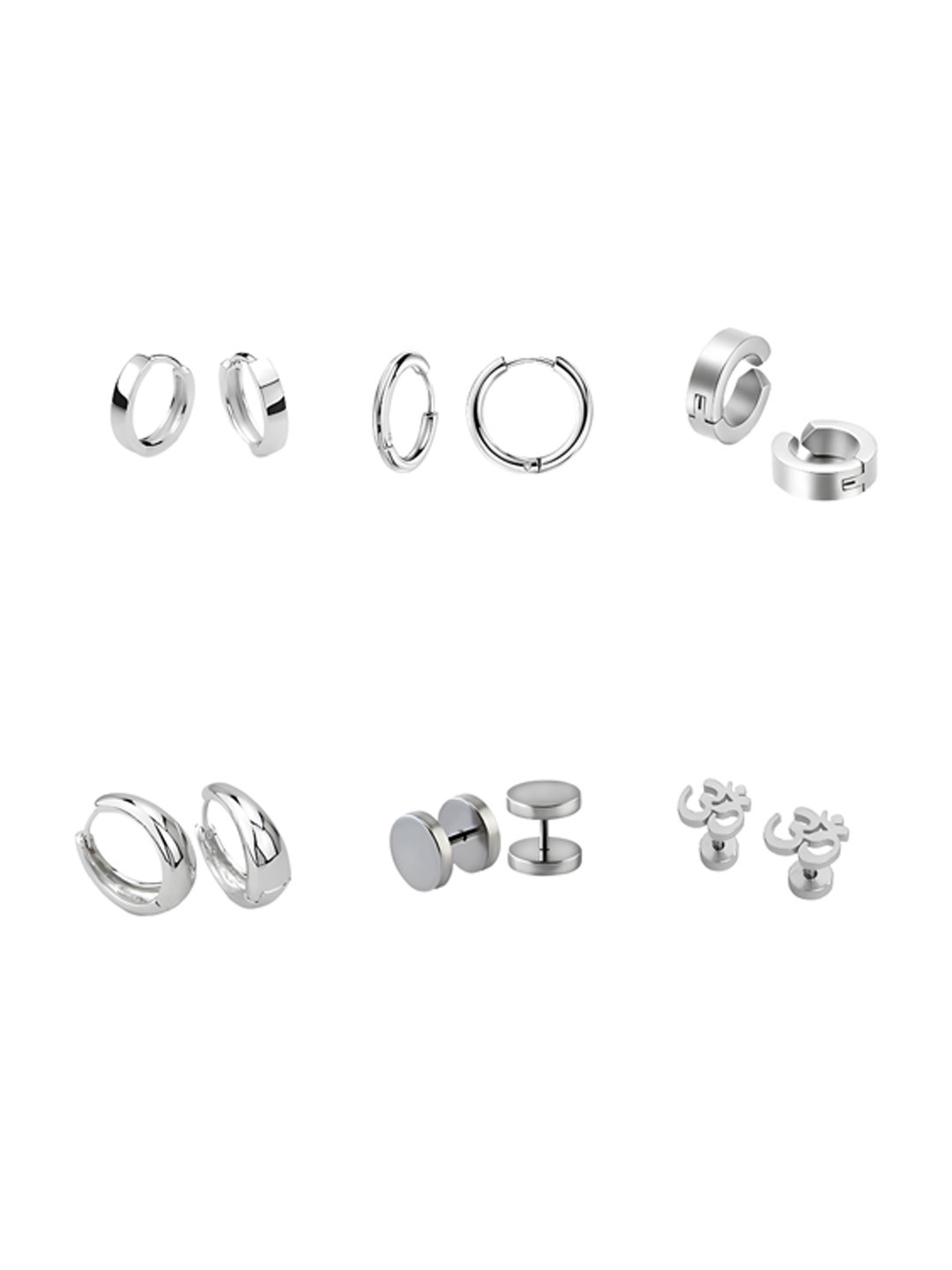 KARISHMA KREATIONS Mens Set Of 6 Silver-Plated Contemporary Hoop & Studs Earrings