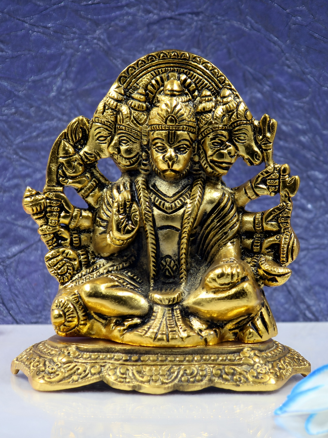 Navyaksh Panchmukhi Hanuman Gold Metal Metallic Prayer Room Small Showpiece - 5.5 Inches