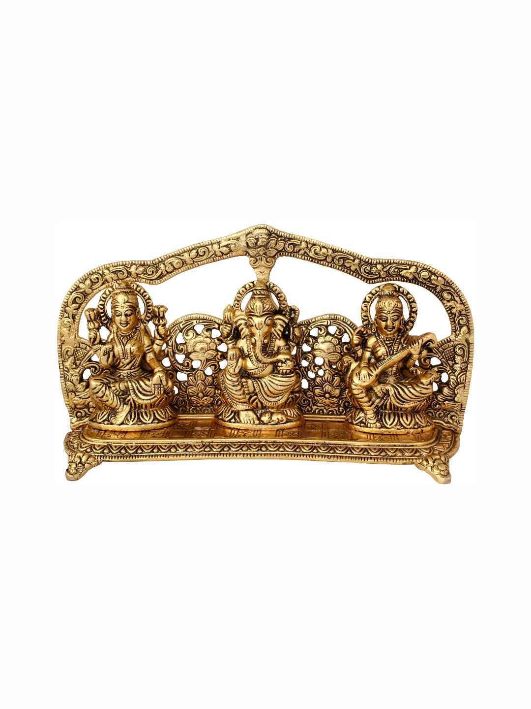 Navyaksh Ganesh Laxmi Saraswati in Temple Gold Metal Metallic Prayer Room Small Showpiece - 2 Inches