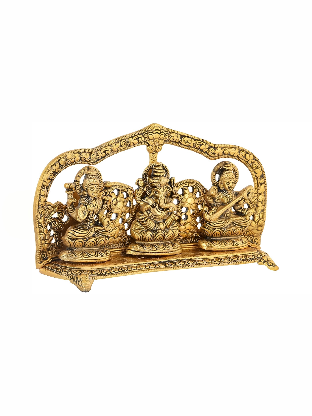 Navyaksh Laxmi Ganesh Saraswati in Temple Gold Aluminium Metallic Prayer Room Small Showpiece - 5.1 Inches