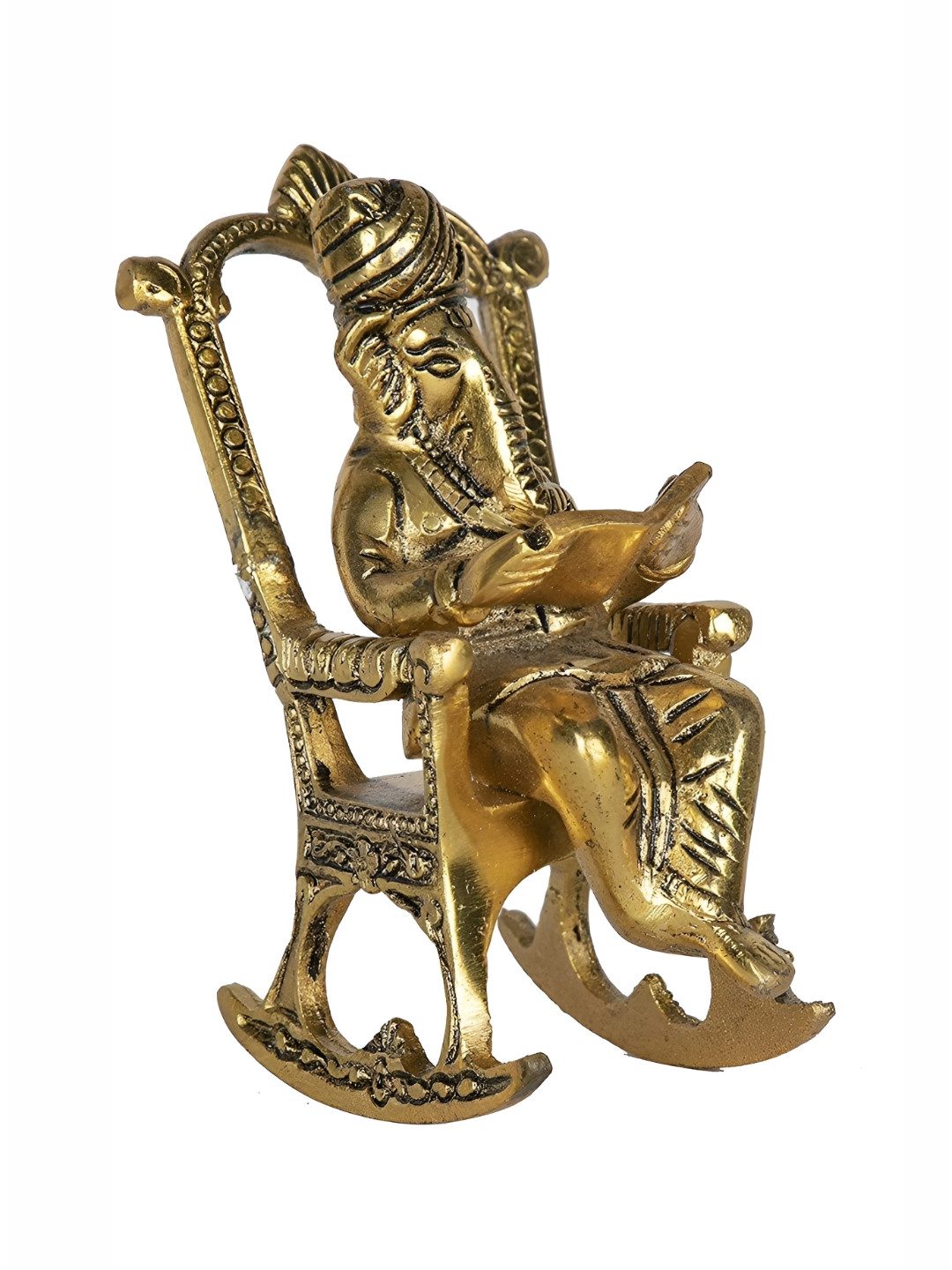 Navyaksh Ganesh Ji Sitting on Chair Gold Brass Metallic Prayer Room Small Showpiece - 7.1 Inches