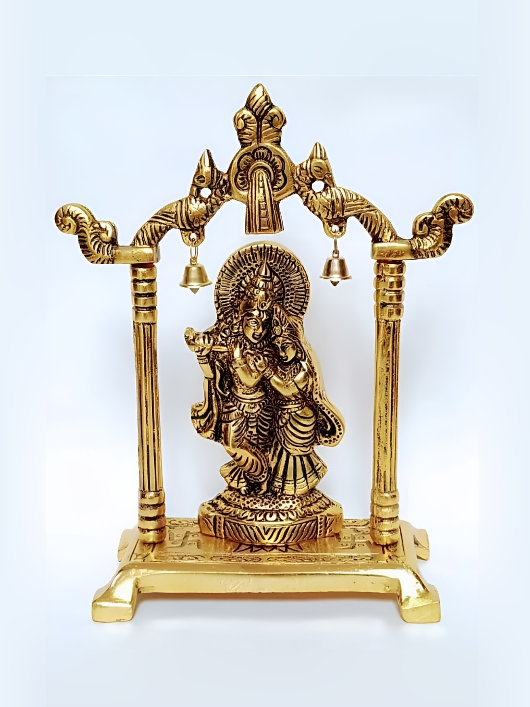 Navyaksh Radha Krishan Temple Gold Metal Metallic Prayer Room Small Showpiece - 7.1 Inches
