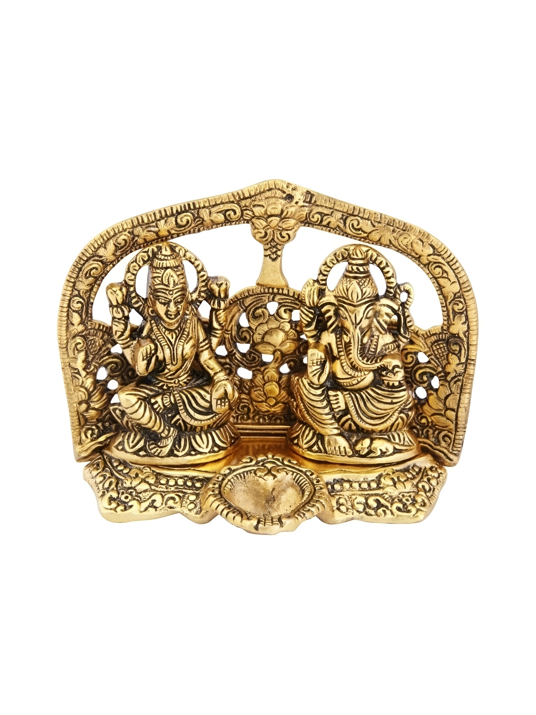 Navyaksh Laxmi Ganesh with Diya Temple Gold Aluminium Metallic Prayer Room Small Showpiece - 5.1 Inches