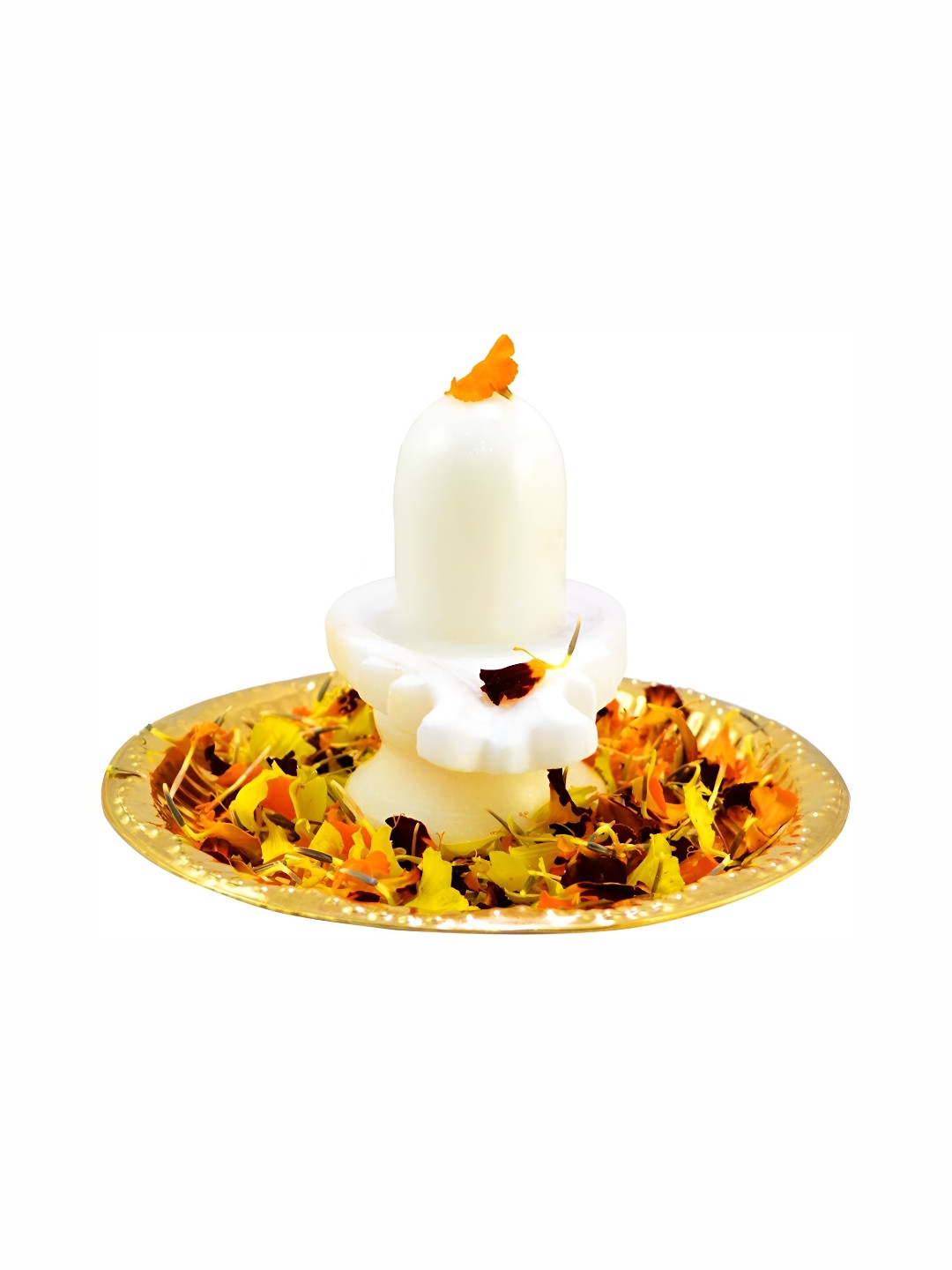 Navyaksh Plate with Shivling White Marble Matte Prayer Room Tiny Showpiece - 2.8 Inches