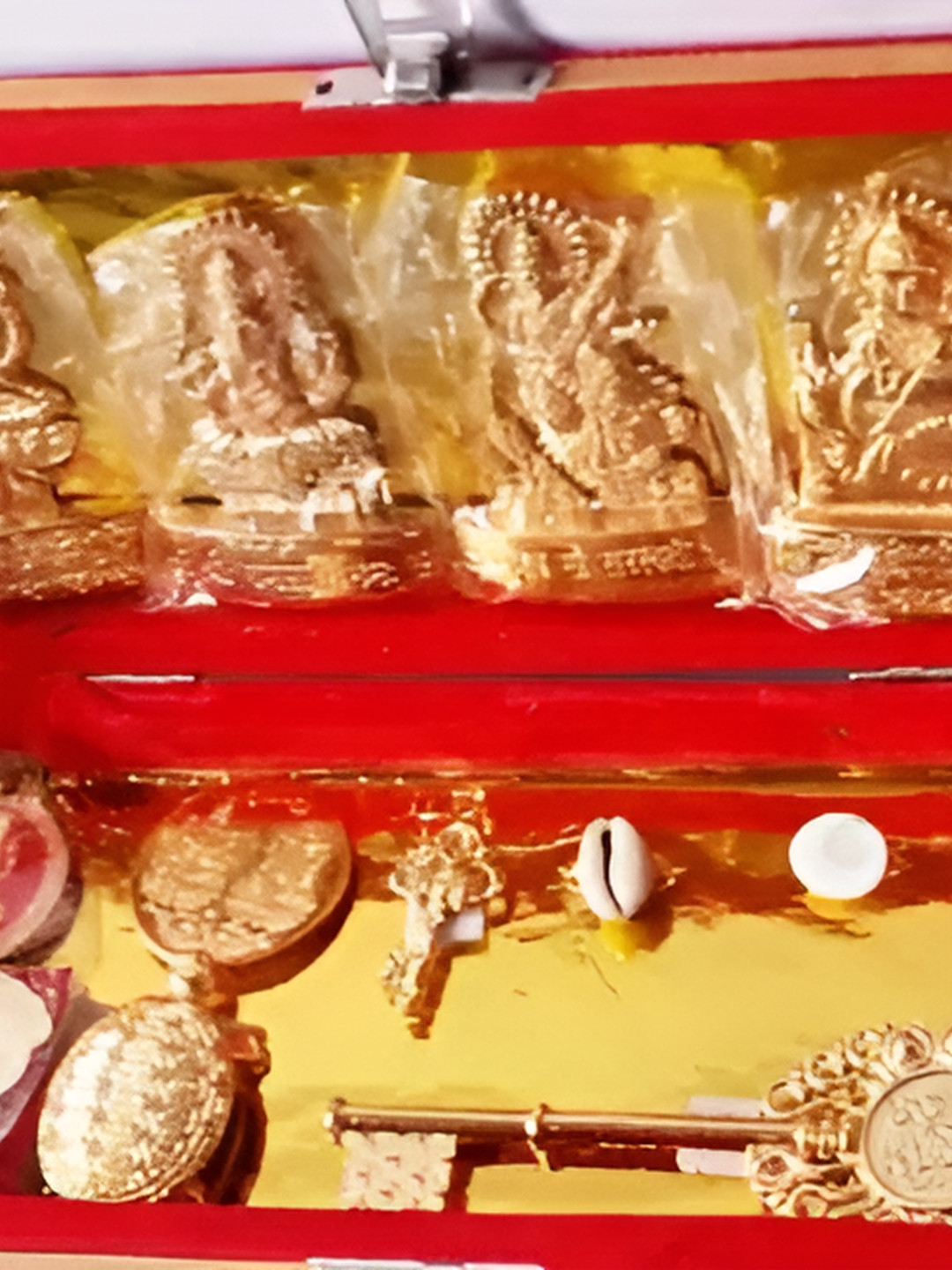 Navyaksh Dhan Laxmi Bhandari Gold Brass Metallic Prayer Room Small Showpiece - 2 Inches