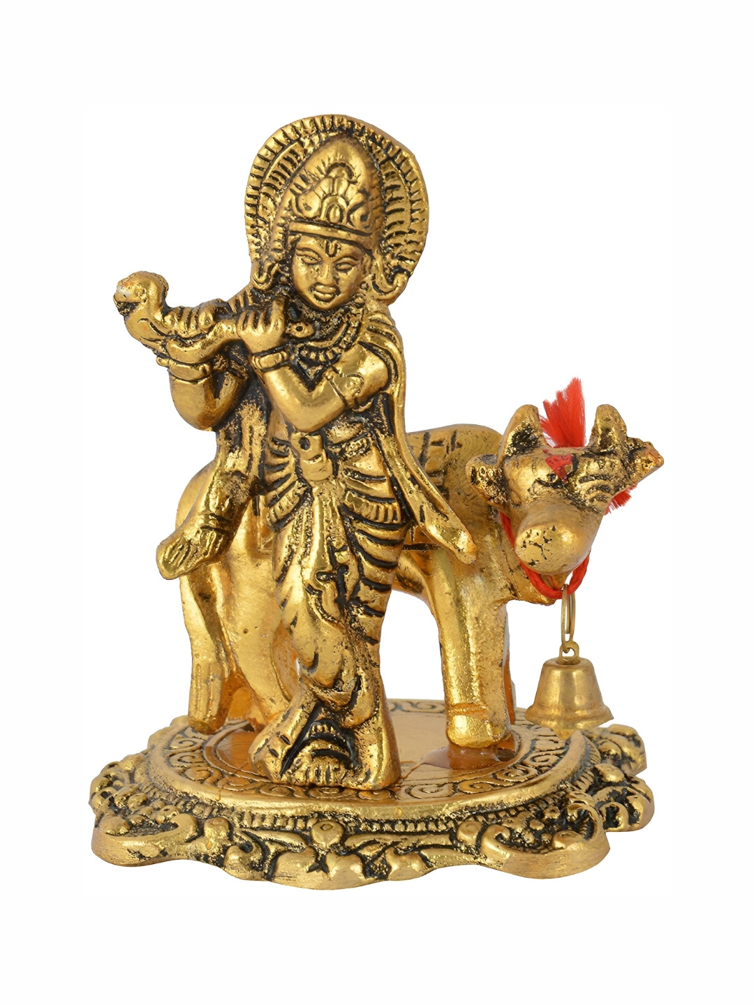 Navyaksh Krishan Ji with Cow Gold Metal Metallic Prayer Room Tiny Showpiece - 3.1 Inches