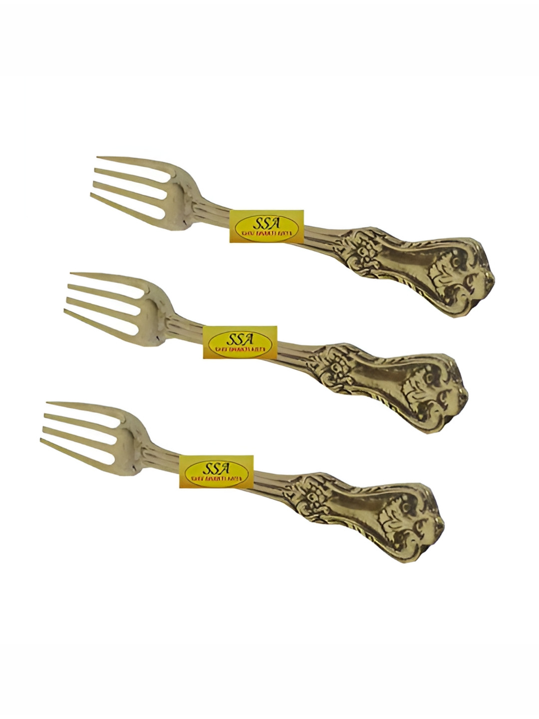 Shivshakti Arts Yellow 3 Pieces Pure Brass Fork Designer Spoon Set