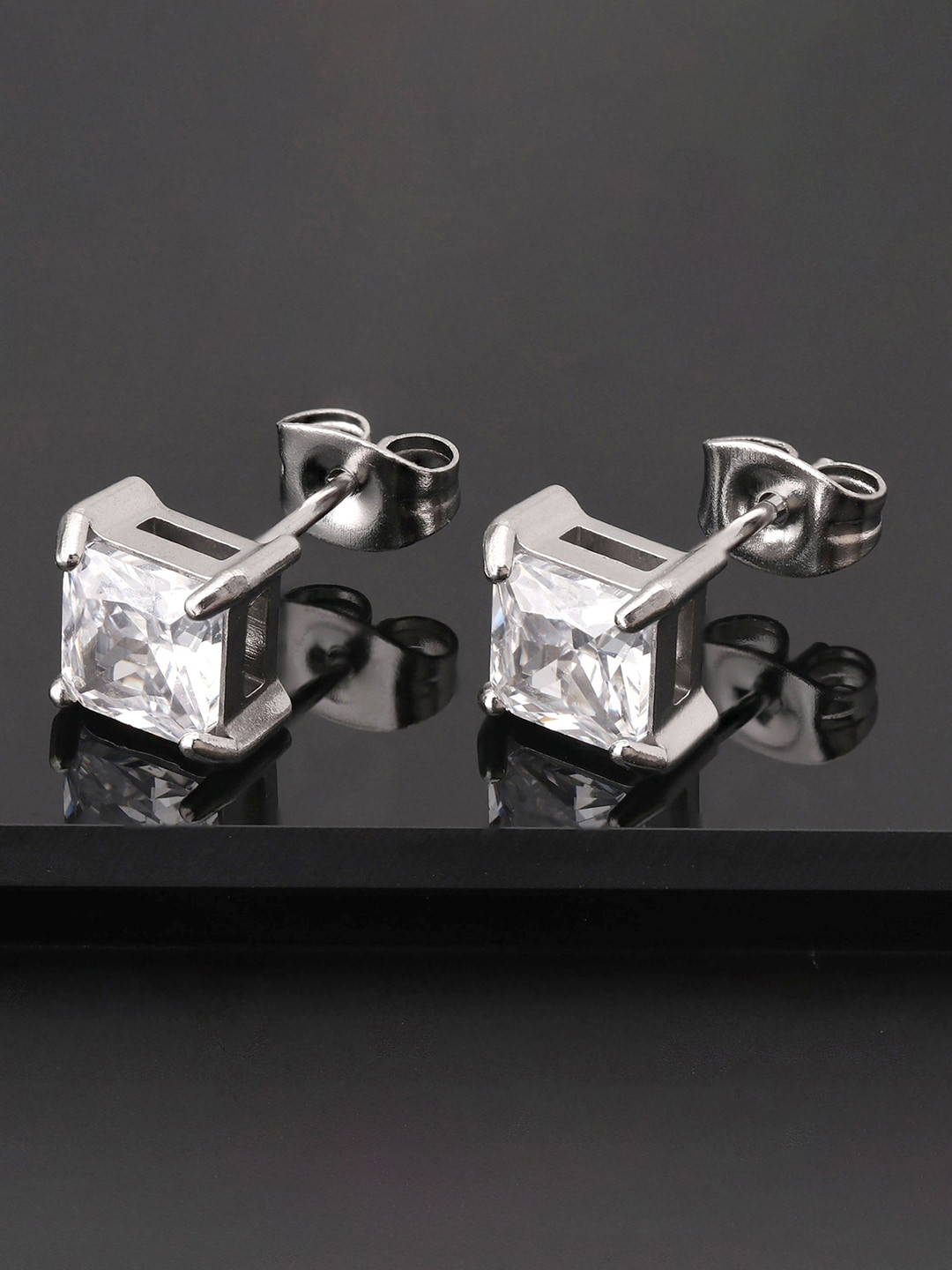 Peora Men Silver-Plated Cubic Zirconia-Studded Square Shape Stud Earrings