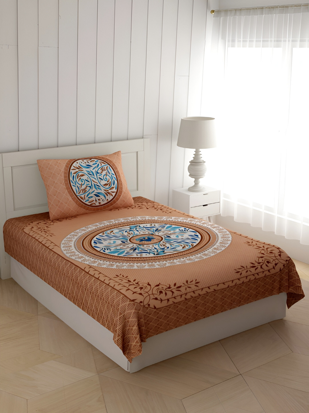 POORAK Brown Leaf Pure Cotton Skin-Friendly 104 TC Single Fine Bedsheet with a Pillow Cover-87 x 63 inches