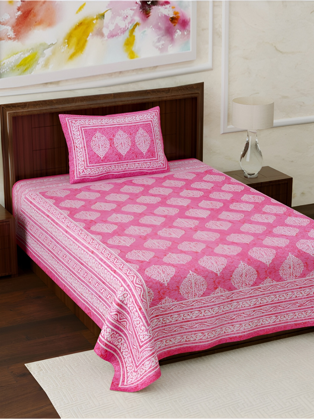 POORAK Royal Majestic Pink Ethnic Motifs Pure Cotton 104 TC Single Coarse Bedsheet with a Pillow Cover-90 x 63 inches