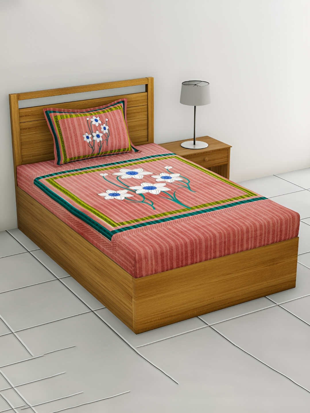 POORAK Peach Floral Cotton 104 TC Single Coarse Bedsheet with a Pillow Cover-90 x 63 inches