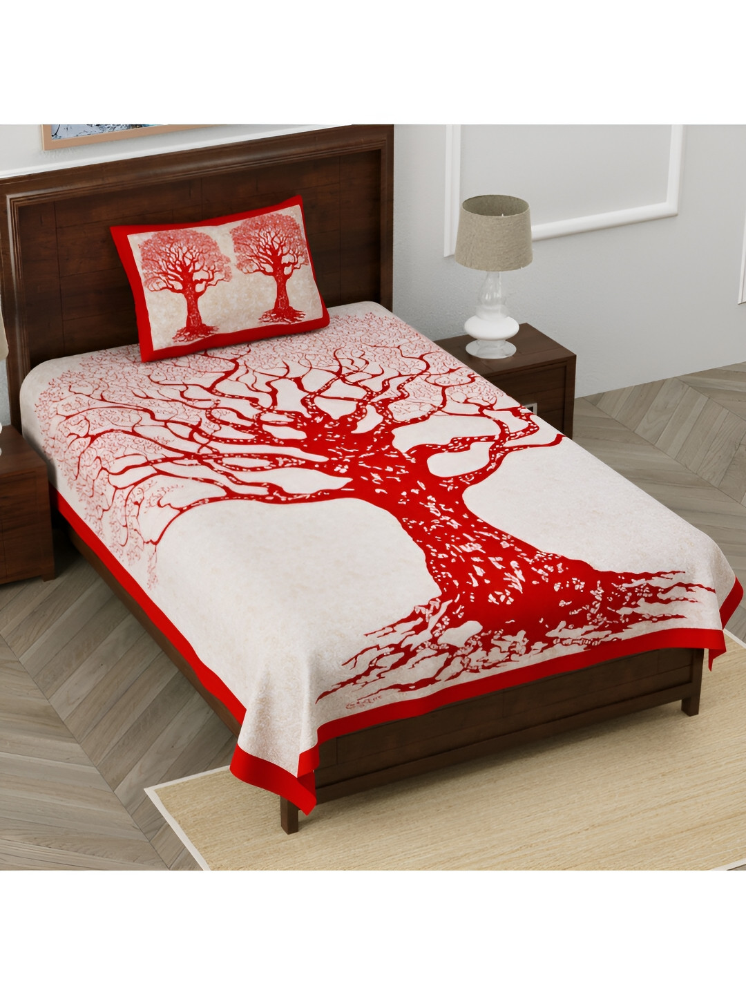 POORAK Anti Fade Red Ethnic Motifs Pure Cotton 104 TC Single Coarse Bedsheet with a Pillow Cover-90 x 63 inches