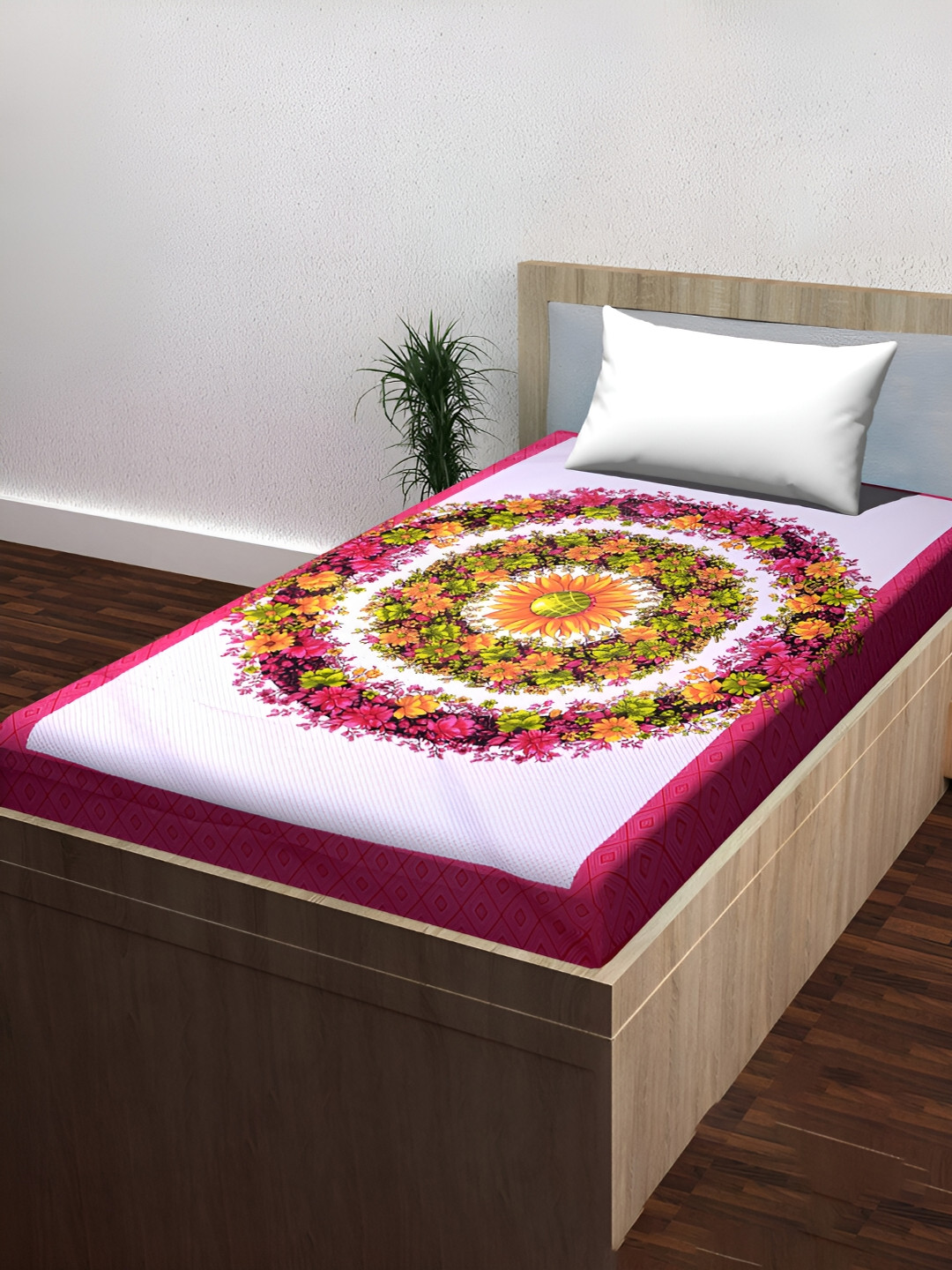 POORAK Anti Fade Pink Floral Pure Cotton 104 TC Single Coarse Bedsheet with a Pillow Cover-90 x 63 inches