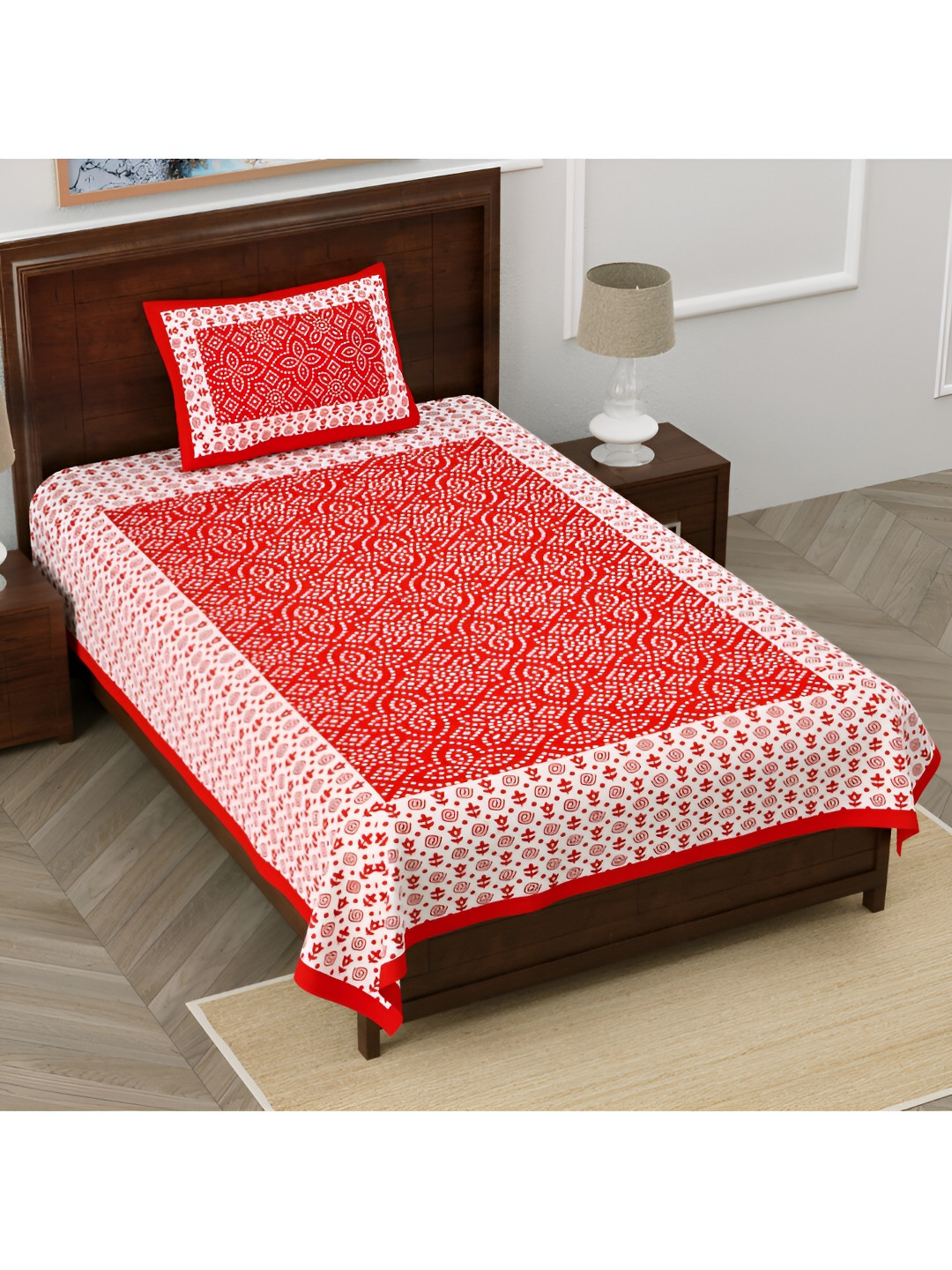 POORAK Anti Fade Flat Red Ethnic Motifs Pure Cotton 104 TC Single Coarse Bedsheet with a Pillow Cover-87 x 63 inches