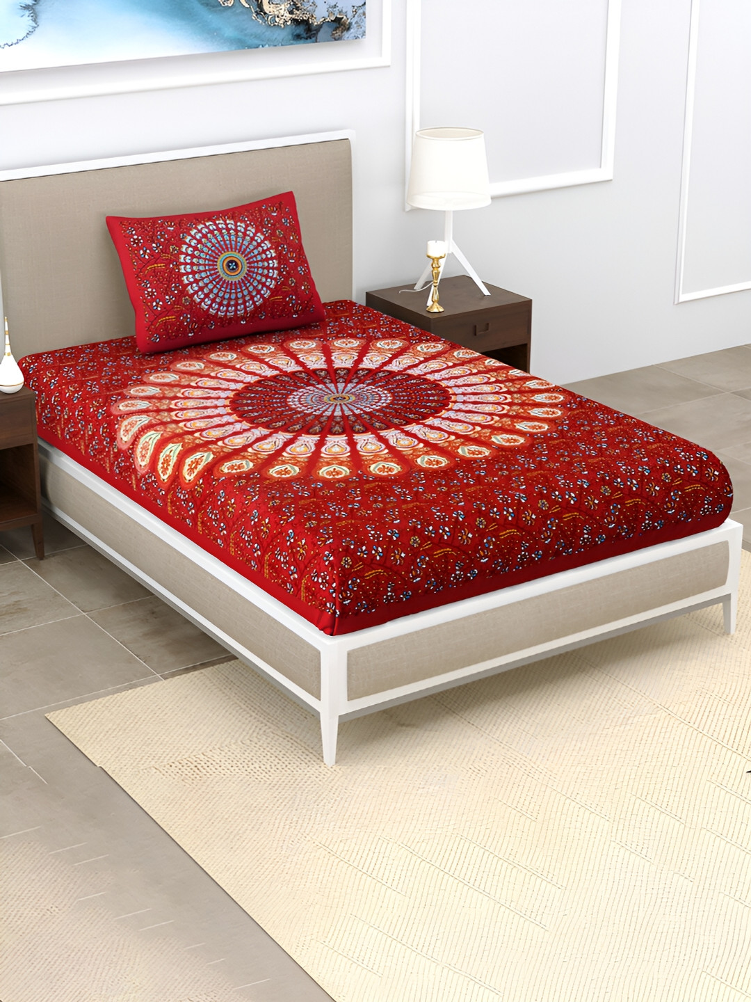 POORAK Red Floral Cotton 104 TC Single Coarse Bedsheet with a Pillow Cover-90 x 63 inches