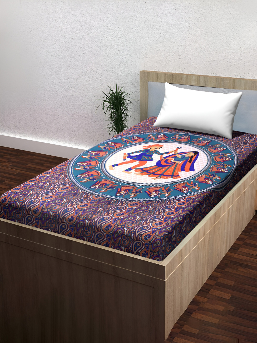 POORAK Anti Fade Flat Blue Ethnic Motifs Cotton 104 TC Single Coarse Bedsheet with a Pillow Cover-90 x 63 inches