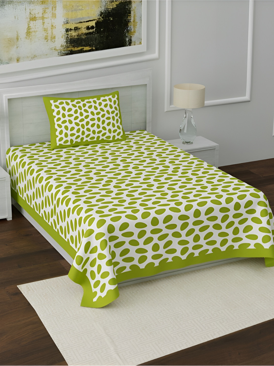POORAK Anti Fade Green Geometric Pure Cotton 104 TC Single Coarse Bedsheet with a Pillow Cover-87 x 63 inches