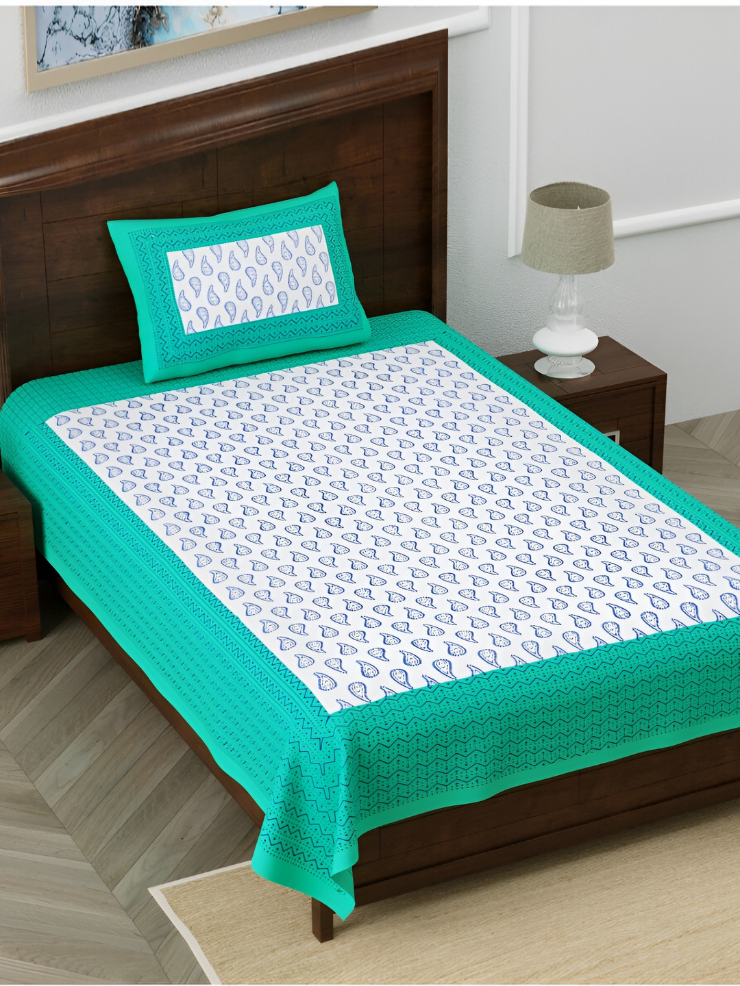 POORAK Green Paisley Cotton 104 TC Single Coarse Bedsheet with a Pillow Cover-90 x 63 inches