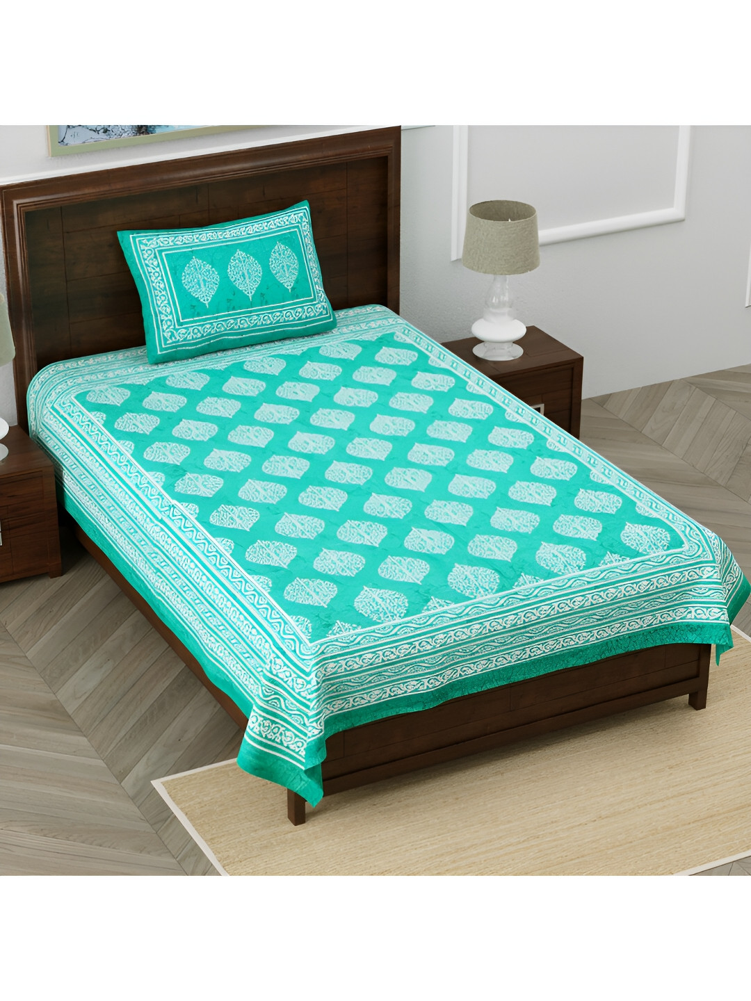 POORAK Green Ethnic Motifs Pure Cotton 104 TC Single Fine Bedsheet with a Pillow Cover-87 x 63 inches