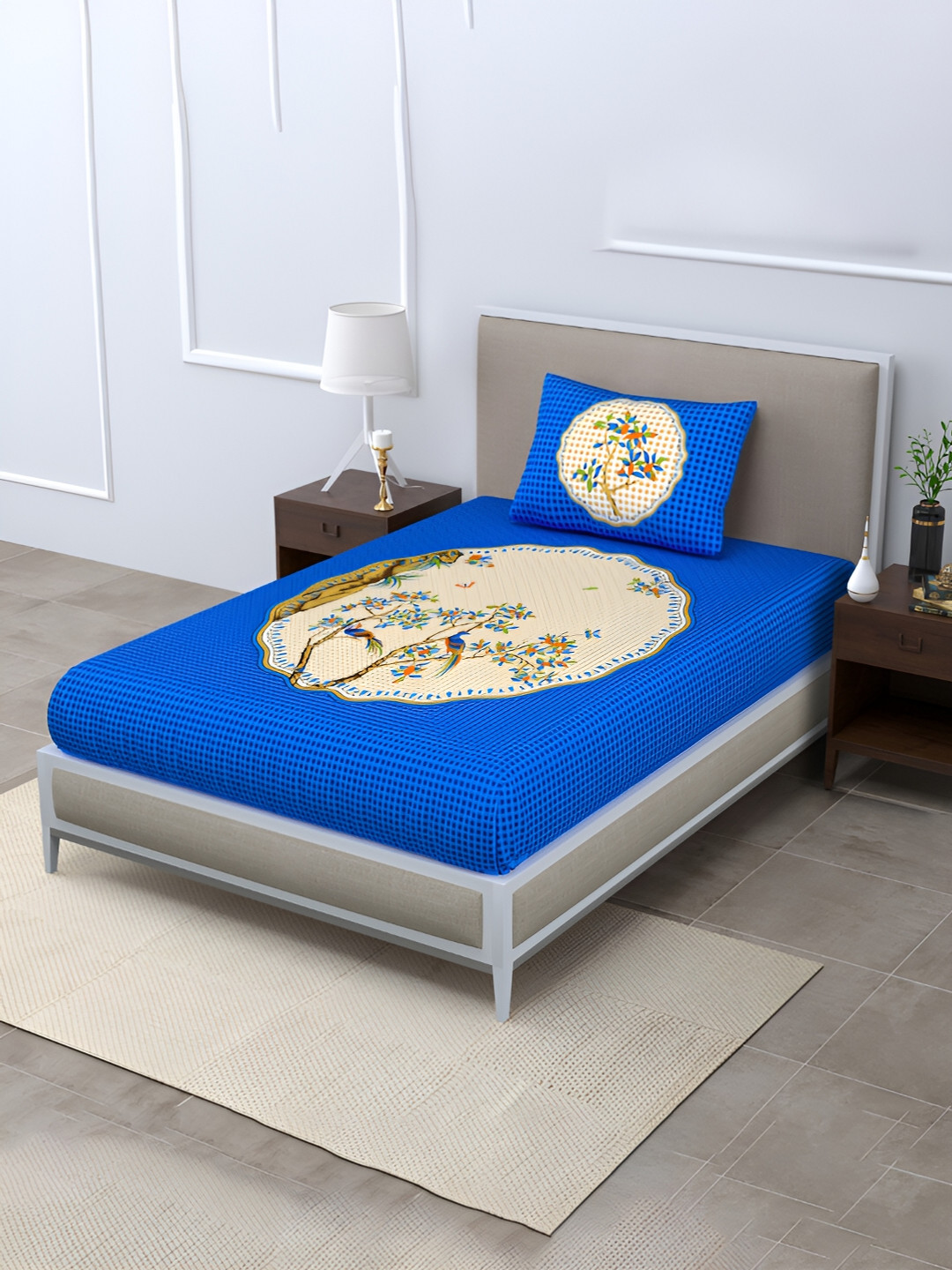 POORAK Anti Fade Blue Floral Pure Cotton 104 TC Single Coarse Bedsheet with a Pillow Cover-90 x 63 inches